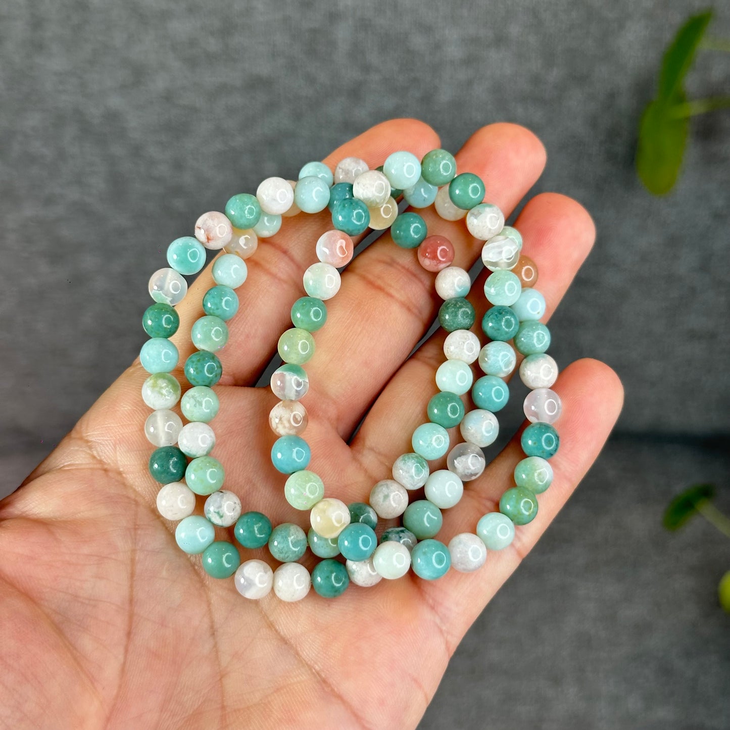 Natural Green Floral Agate Triple Wrap Bracelet Size 6.7 mm