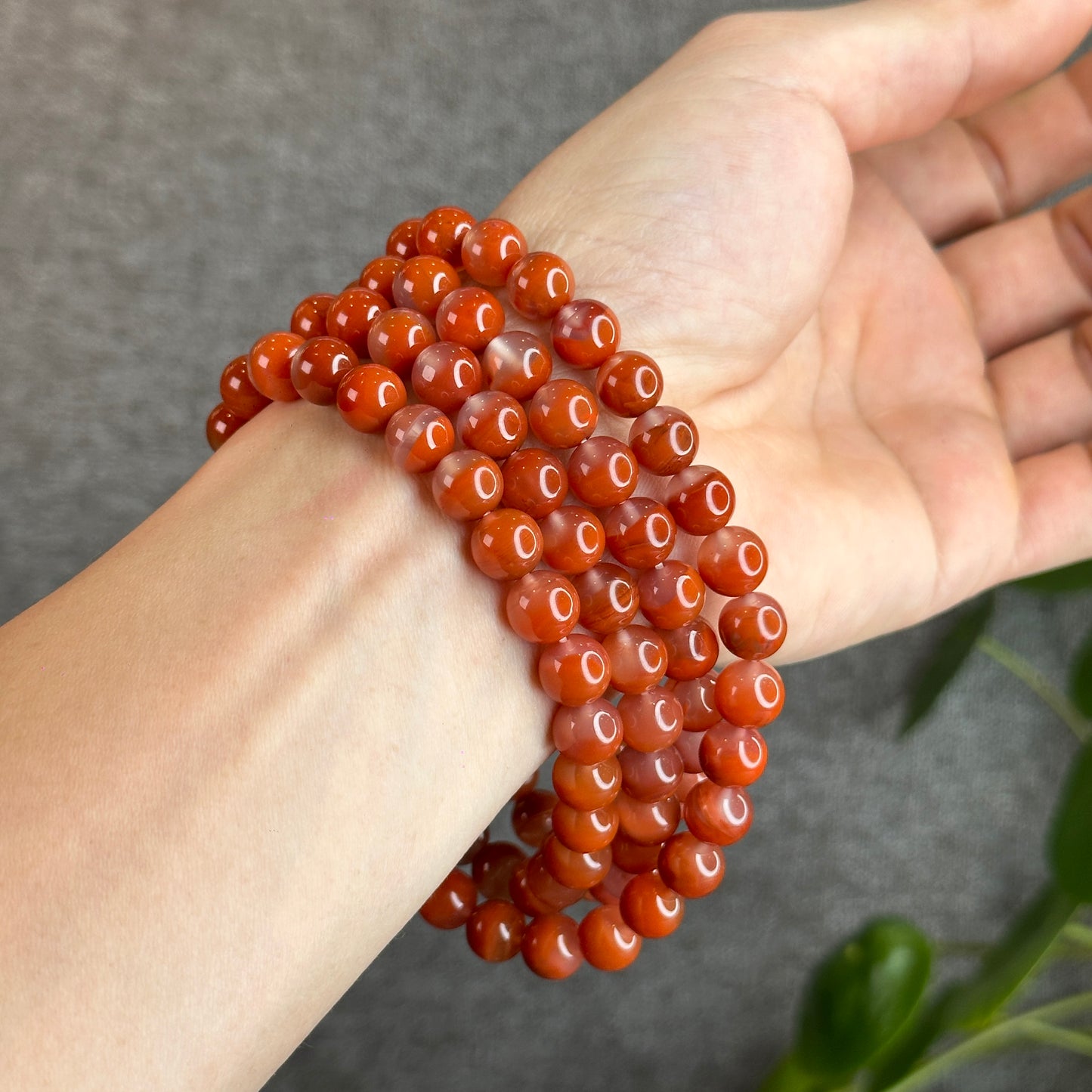 Natural Chalcedony-Nan Hong Agate Triple Wrap 108 beads Bracelet Size 8.8 mm