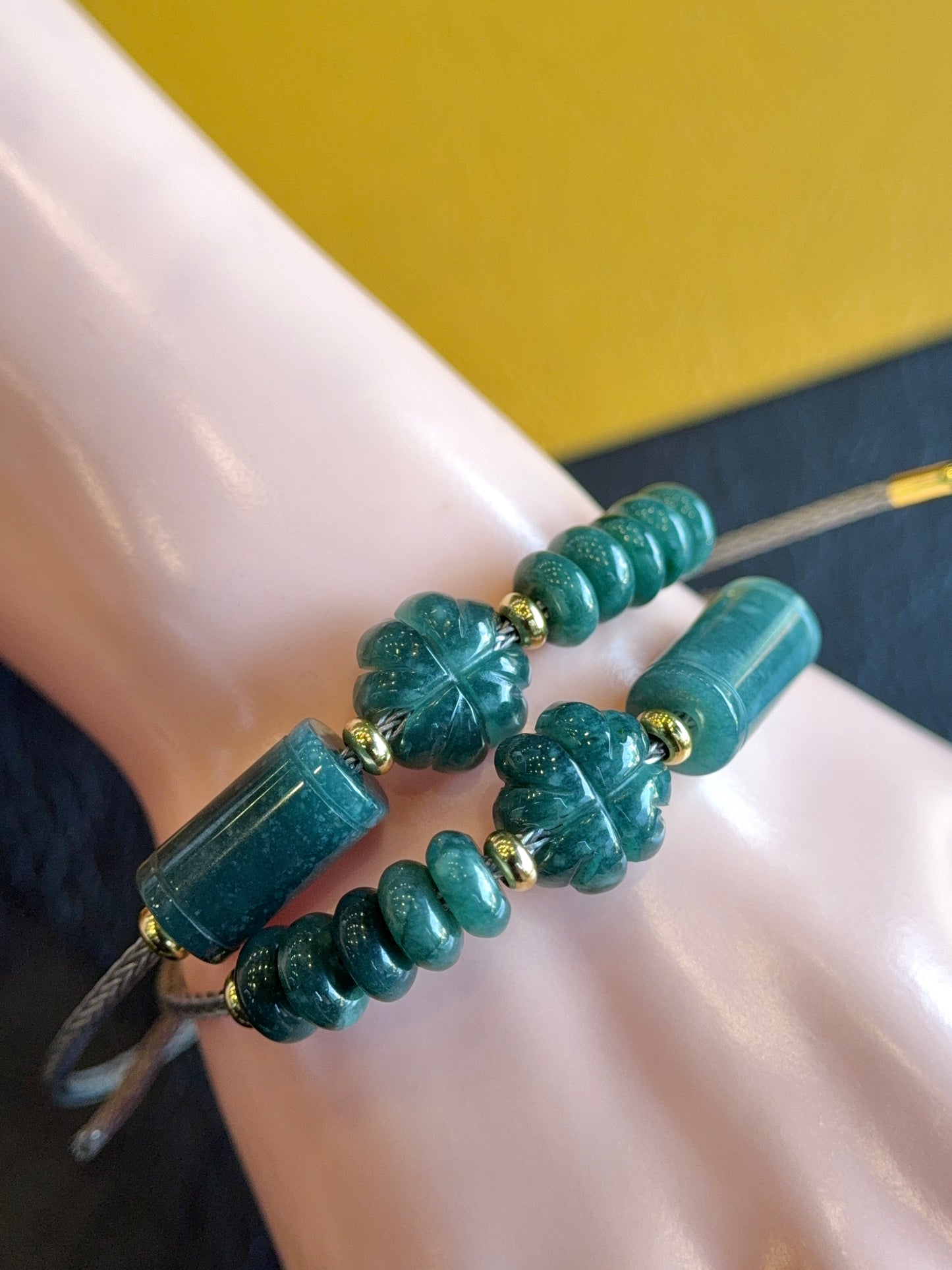 Natural Lu Thong Mix 4 Leaf Clover and Prosperity Donut Natural Blue Jadeite Jade Bracelet