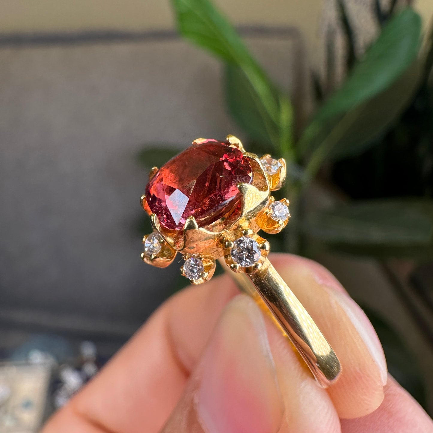 Natural Spinel Ring with Diamond and 14 K gold setting
