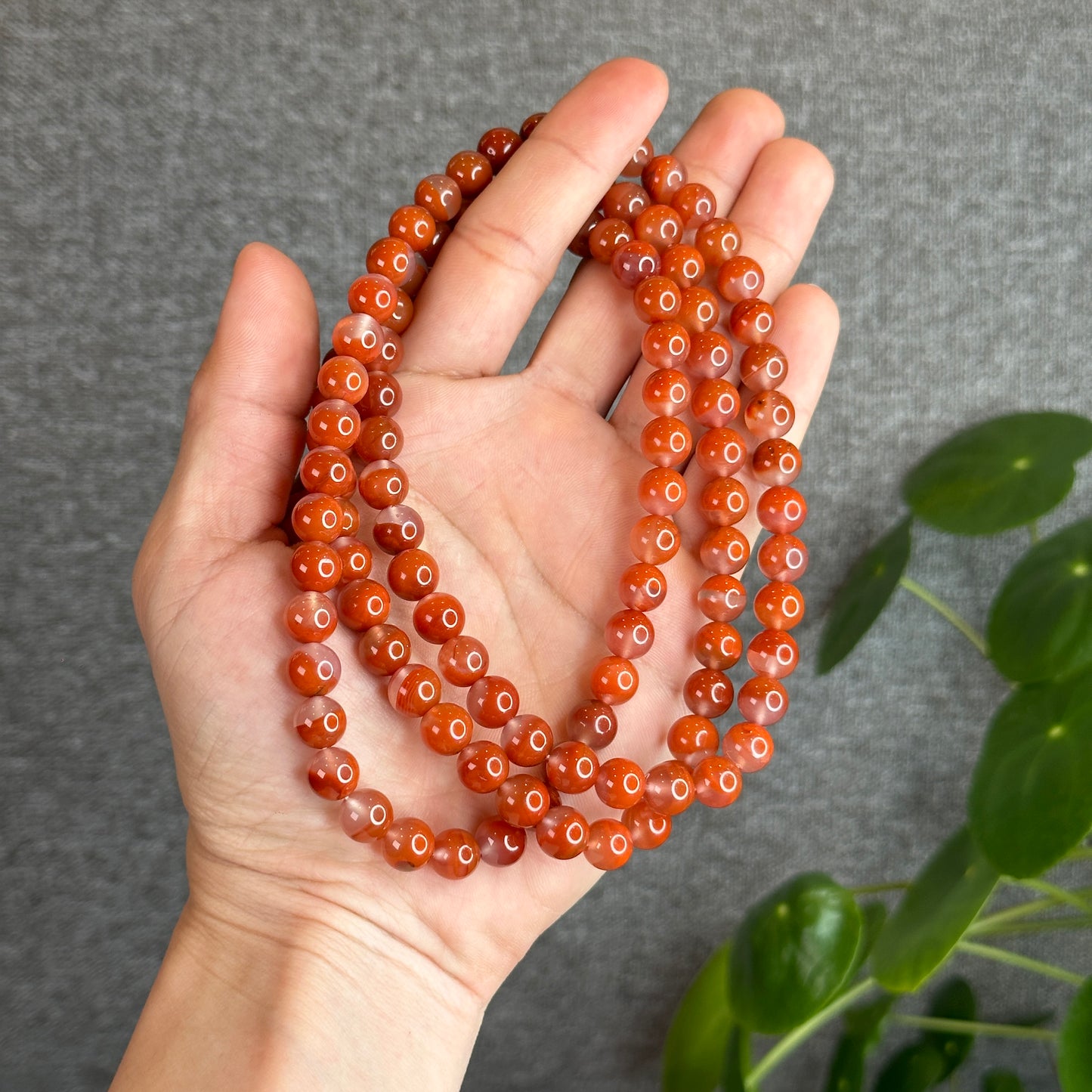 Natural Chalcedony-Nan Hong Agate Triple Wrap 108 beads Bracelet Size 8.8 mm