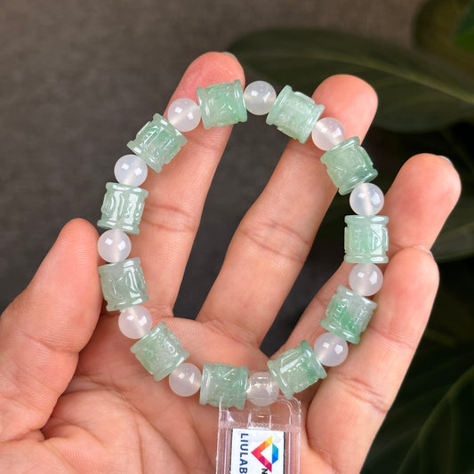 Carved Jadeite Jade Om Mani Padme Hum Bracelet with Chalcedony Beads  - Natural Stone