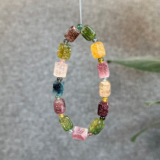 Natural Rainbow Tourmaline Nhu Y Lu Thong Carved Bracelet Size 11 mm