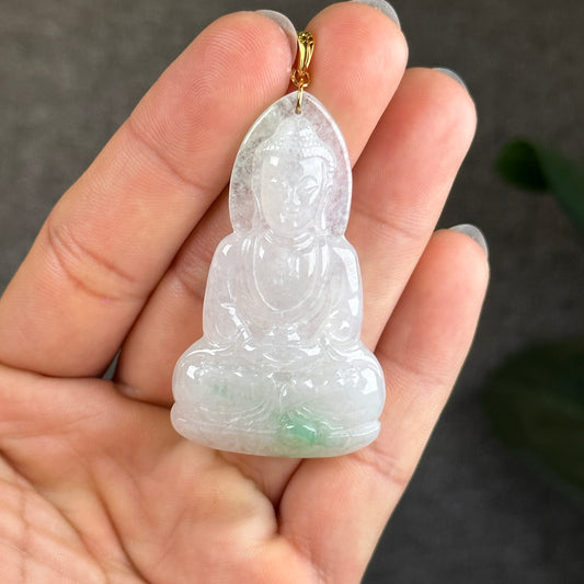 Adidas Bouddha Translucide Vert Clair Jadéite Jade Type A Pendentif avec Crochet en Or 18 carats