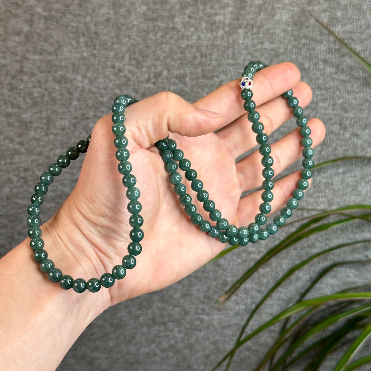 Natural Water Green Jadeite Jade Necklace Size 6 mm