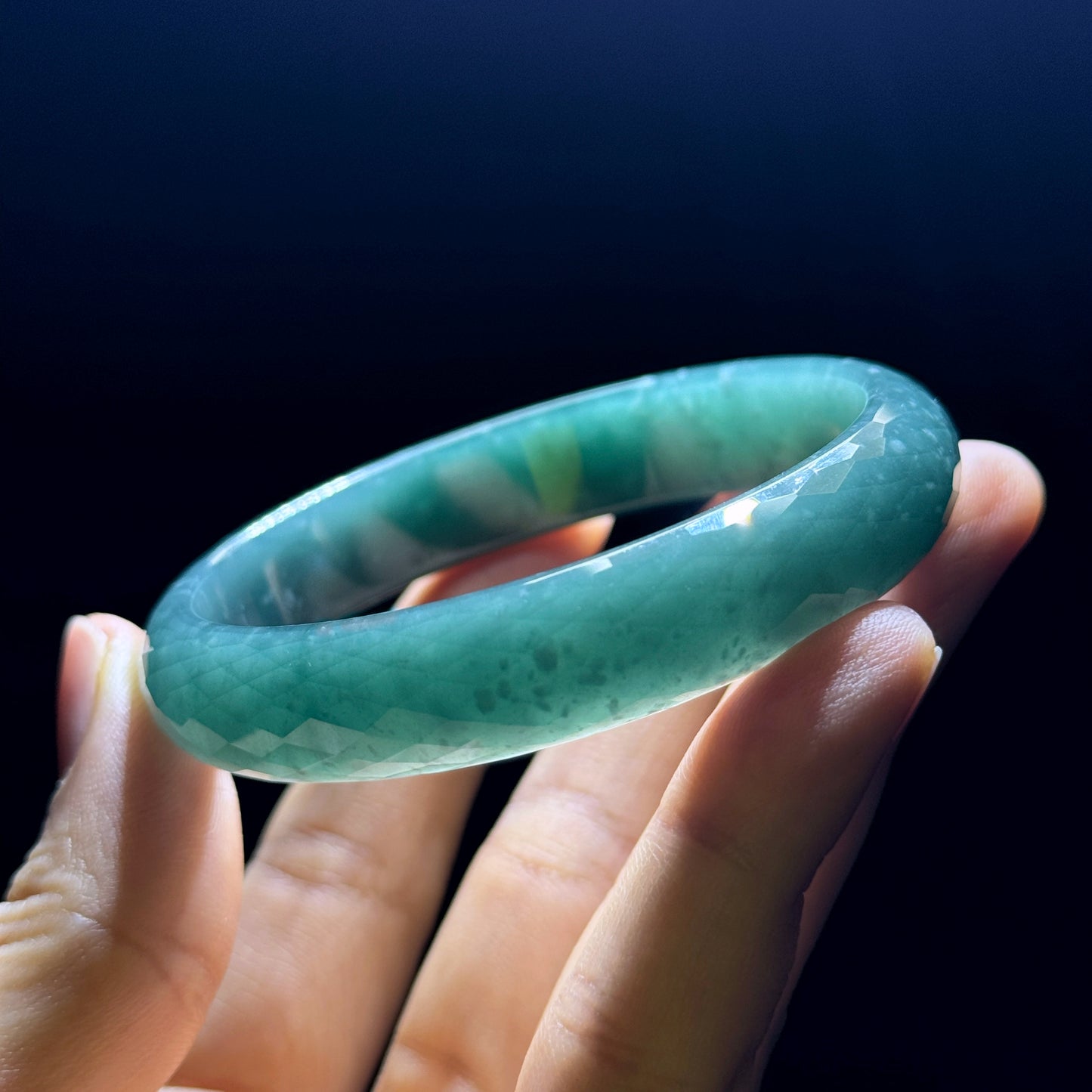 Faceted Natural Jadeite Jade Bangle Leaf Style Size 55 mm