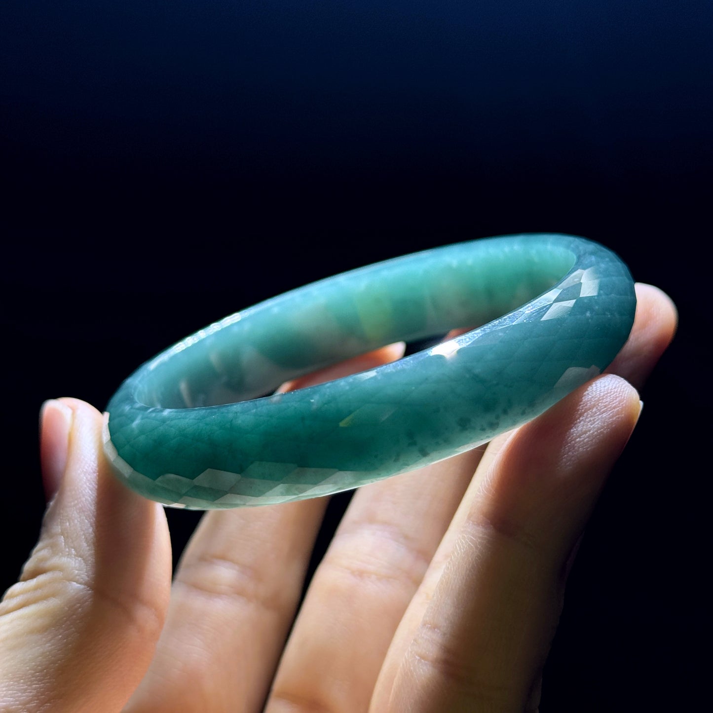 Faceted Natural Jadeite Jade Bangle Leaf Style Size 55 mm