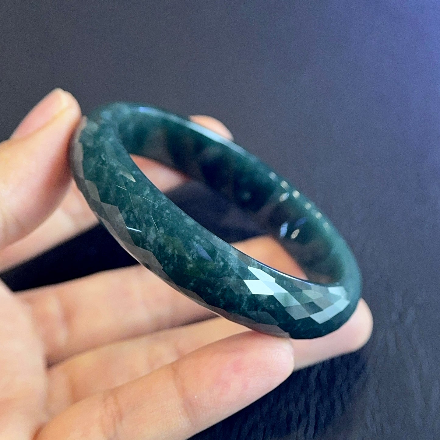 Natural Water Green Semi-Translucent Faceted Natural Jadeite Jade Bangle Leaf Style Size 55 mm