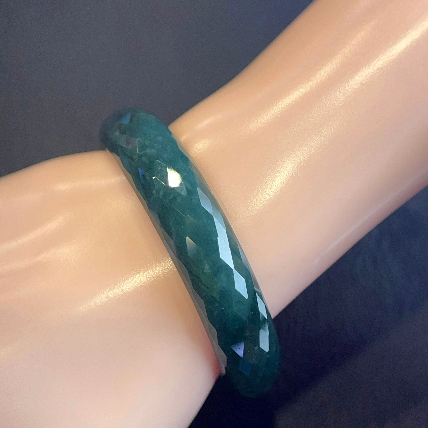 Natural Water Green Semi-Translucent Faceted Natural Jadeite Jade Bangle Leaf Style Size 55 mm