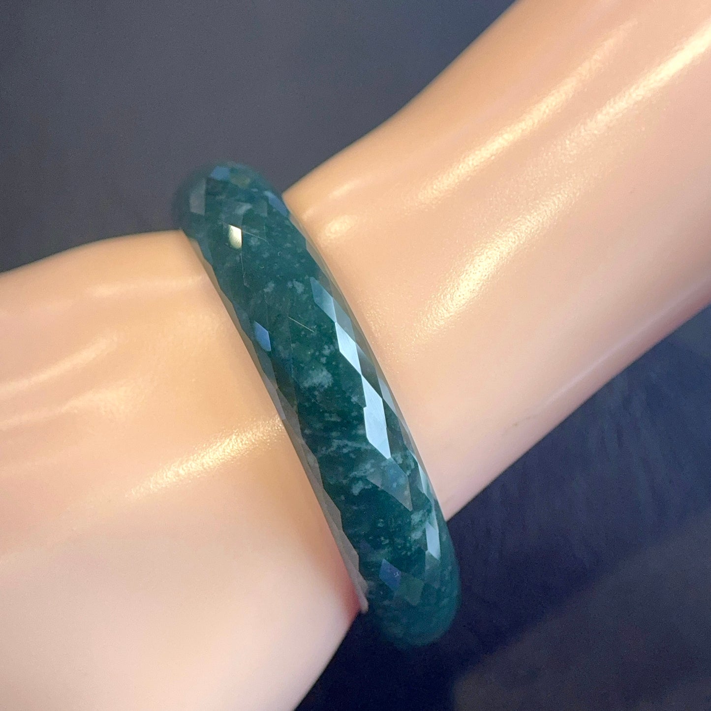 Natural Water Green Semi-Translucent Faceted Natural Jadeite Jade Bangle Leaf Style Size 55 mm