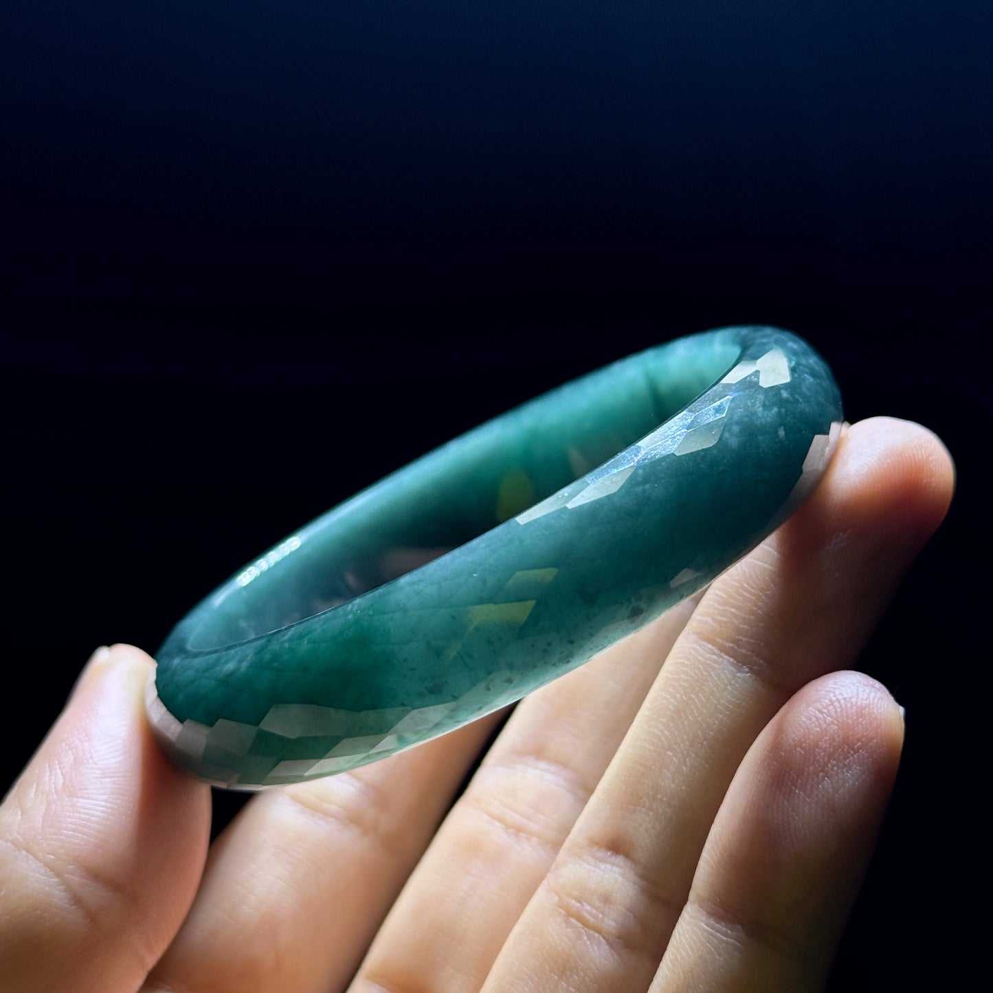 Natural Water Green Semi-Translucent Faceted Natural Jadeite Jade Bangle Leaf Style Size 55 mm