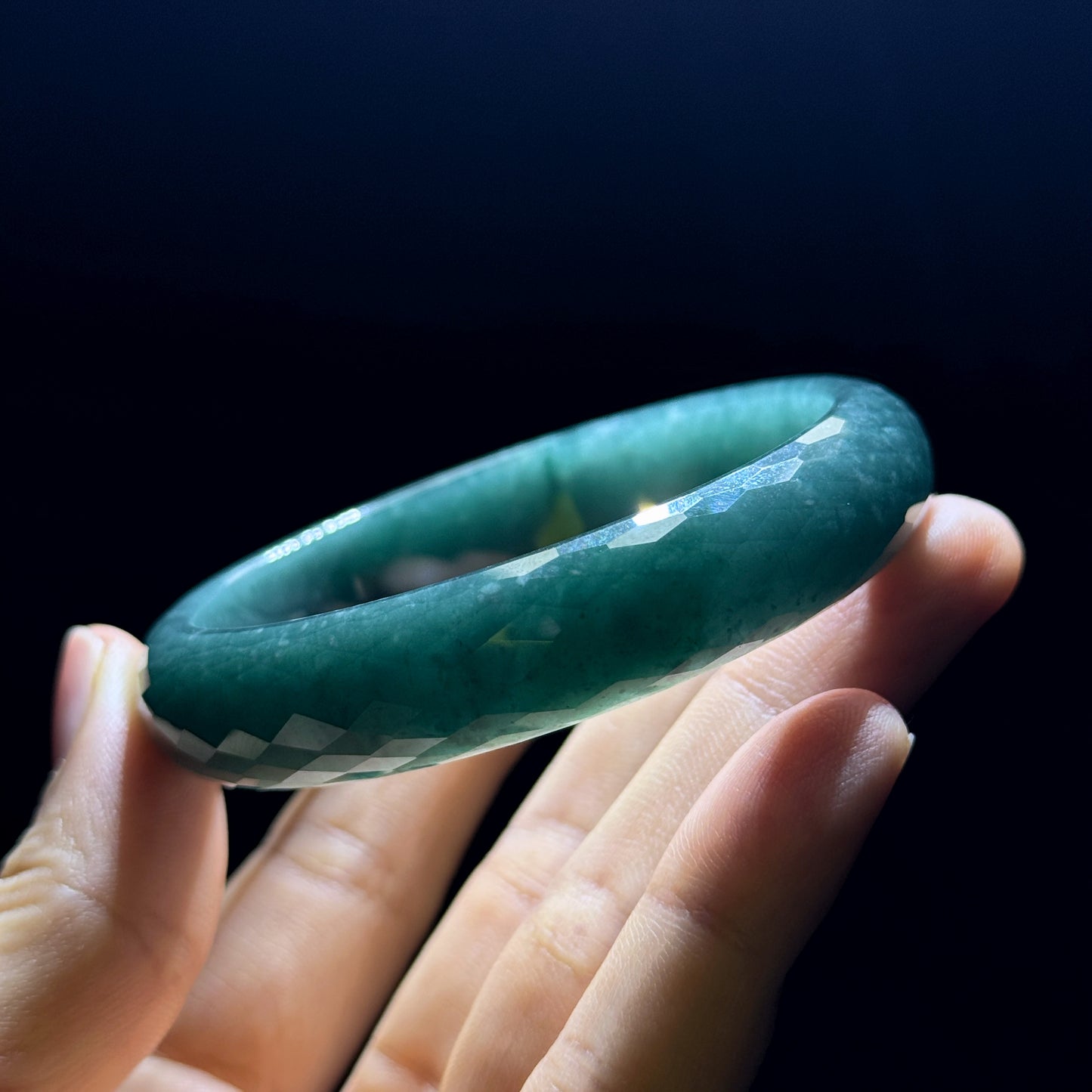 Natural Water Green Semi-Translucent Faceted Natural Jadeite Jade Bangle Leaf Style Size 55 mm
