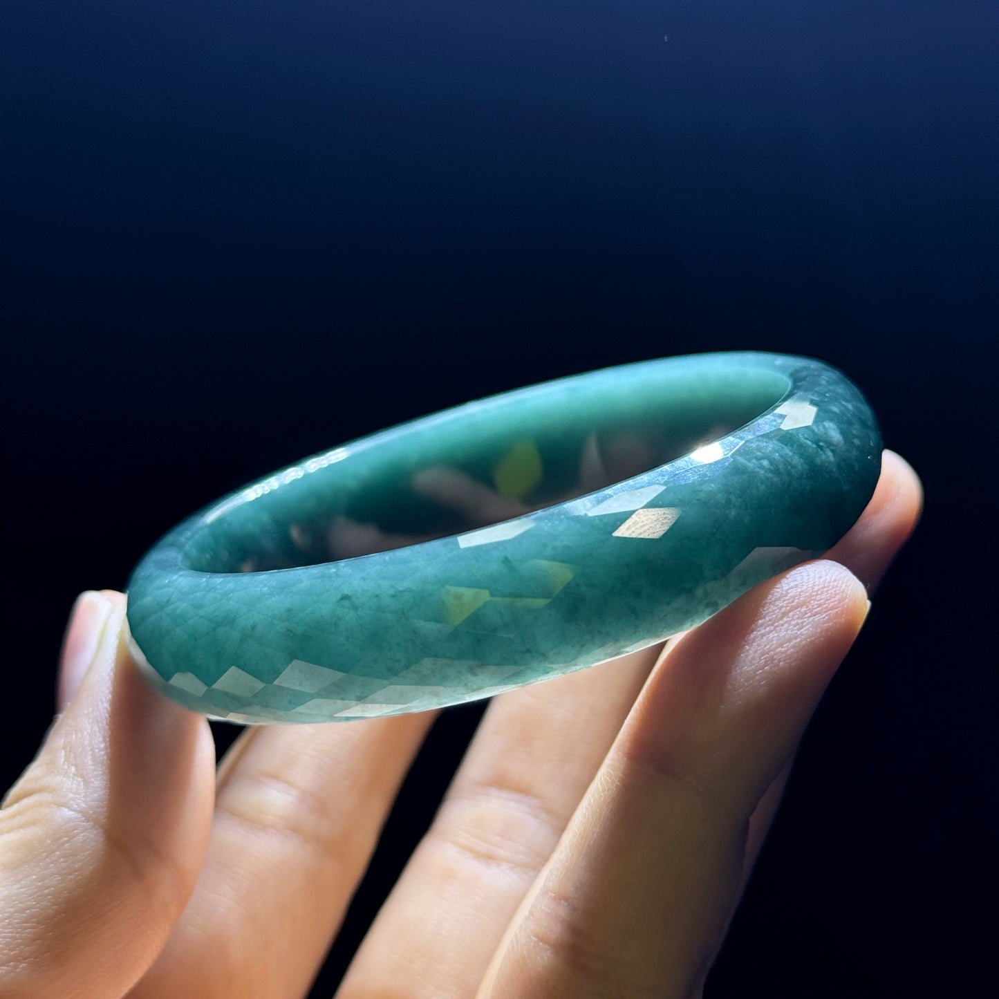 Natural Water Green Semi-Translucent Faceted Natural Jadeite Jade Bangle Leaf Style Size 55 mm
