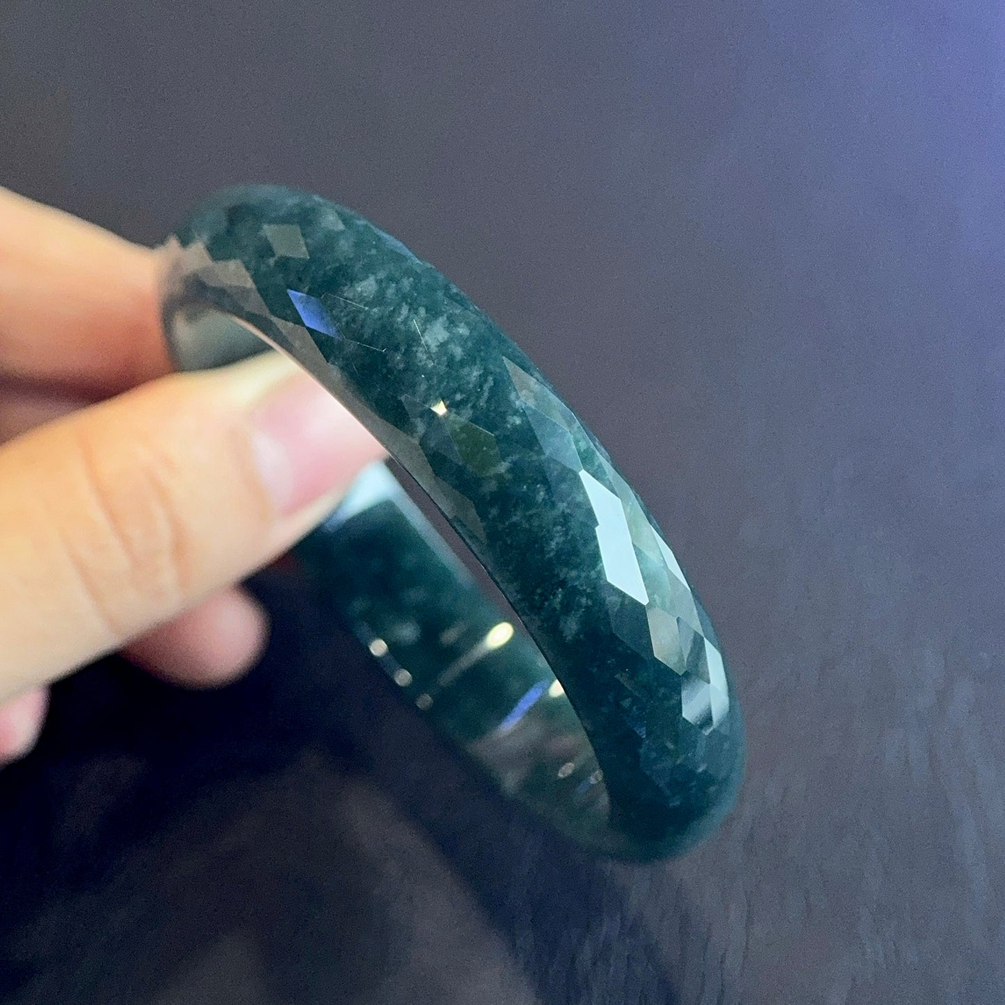 Natural Water Green Semi-Translucent Faceted Natural Jadeite Jade Bangle Leaf Style Size 55 mm