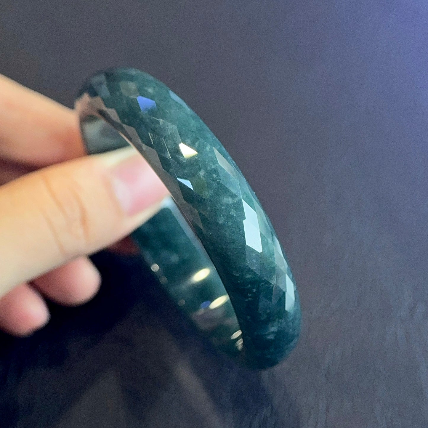 Natural Water Green Semi-Translucent Faceted Natural Jadeite Jade Bangle Leaf Style Size 55 mm