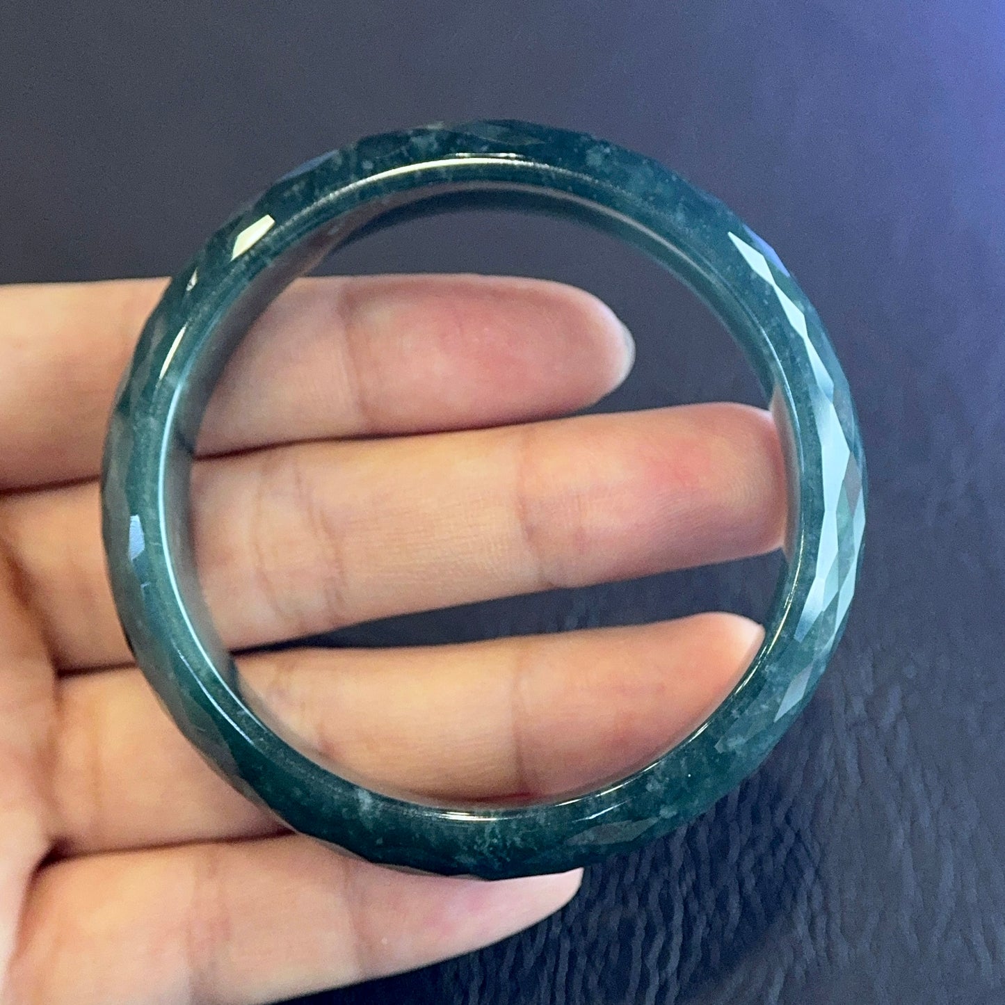 Natural Water Green Semi-Translucent Faceted Natural Jadeite Jade Bangle Leaf Style Size 55 mm