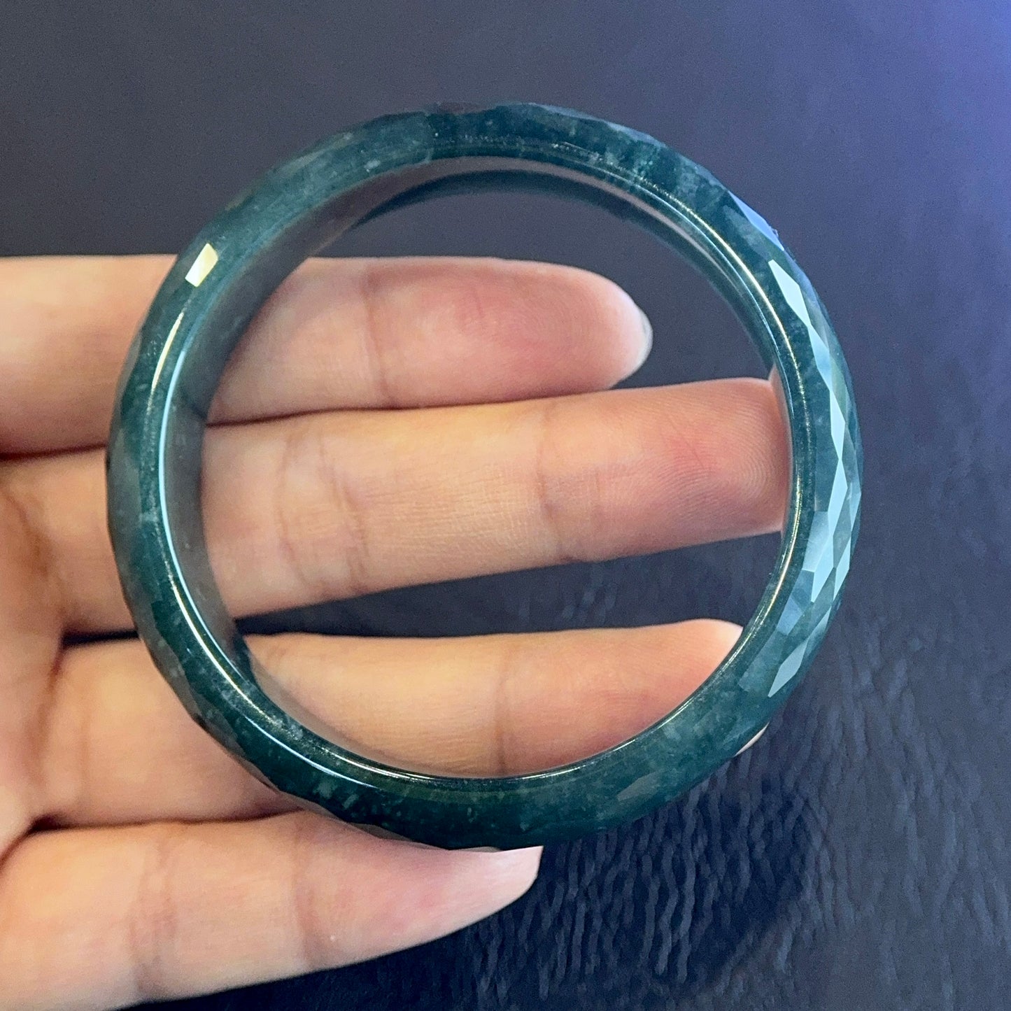 Natural Water Green Semi-Translucent Faceted Natural Jadeite Jade Bangle Leaf Style Size 55 mm