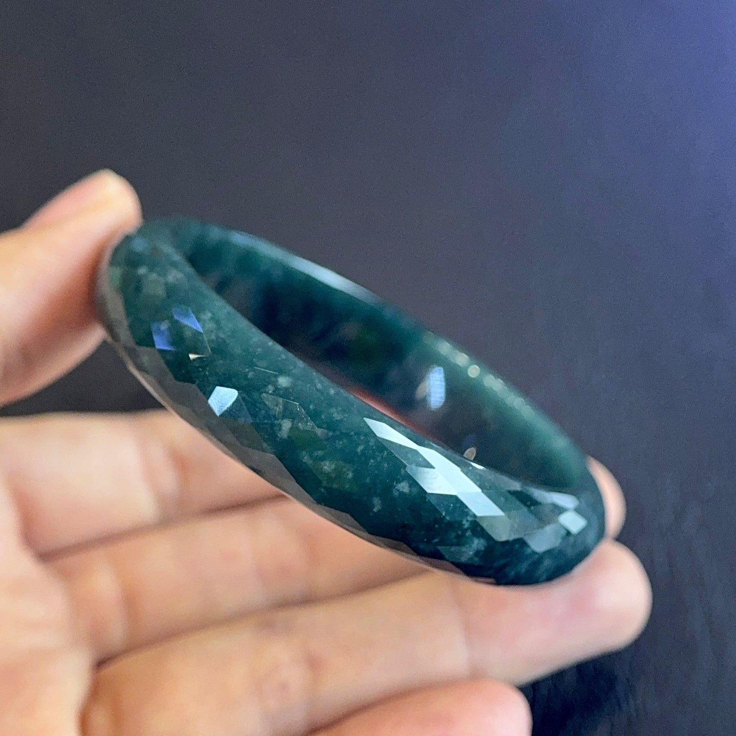 Natural Water Green Semi-Translucent Faceted Natural Jadeite Jade Bangle Leaf Style Size 55 mm