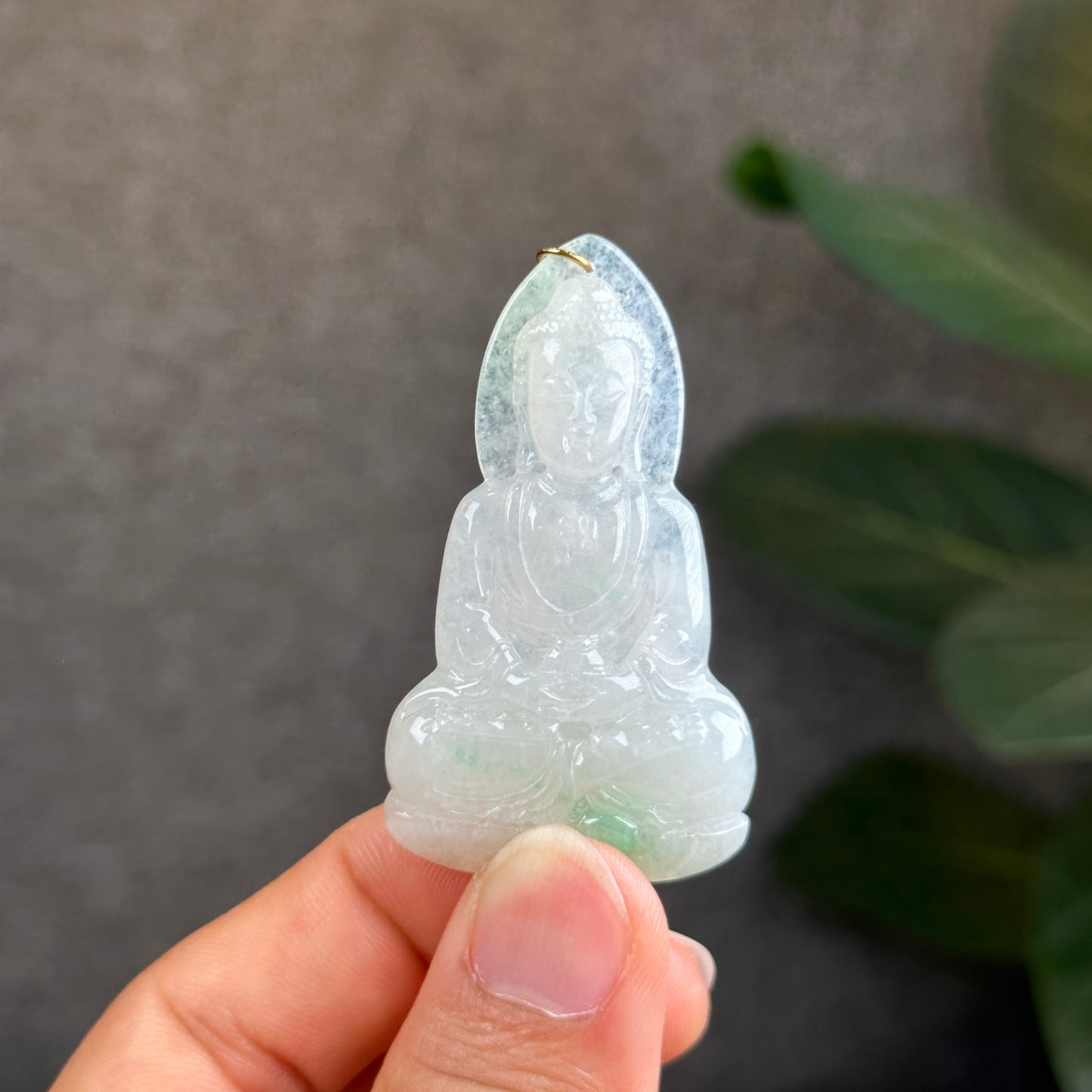 Sakyamuni (Adida) Buddha Translucent Light Green Natural Jadeite Jade Type A Pendant with 18 k Gold Hook