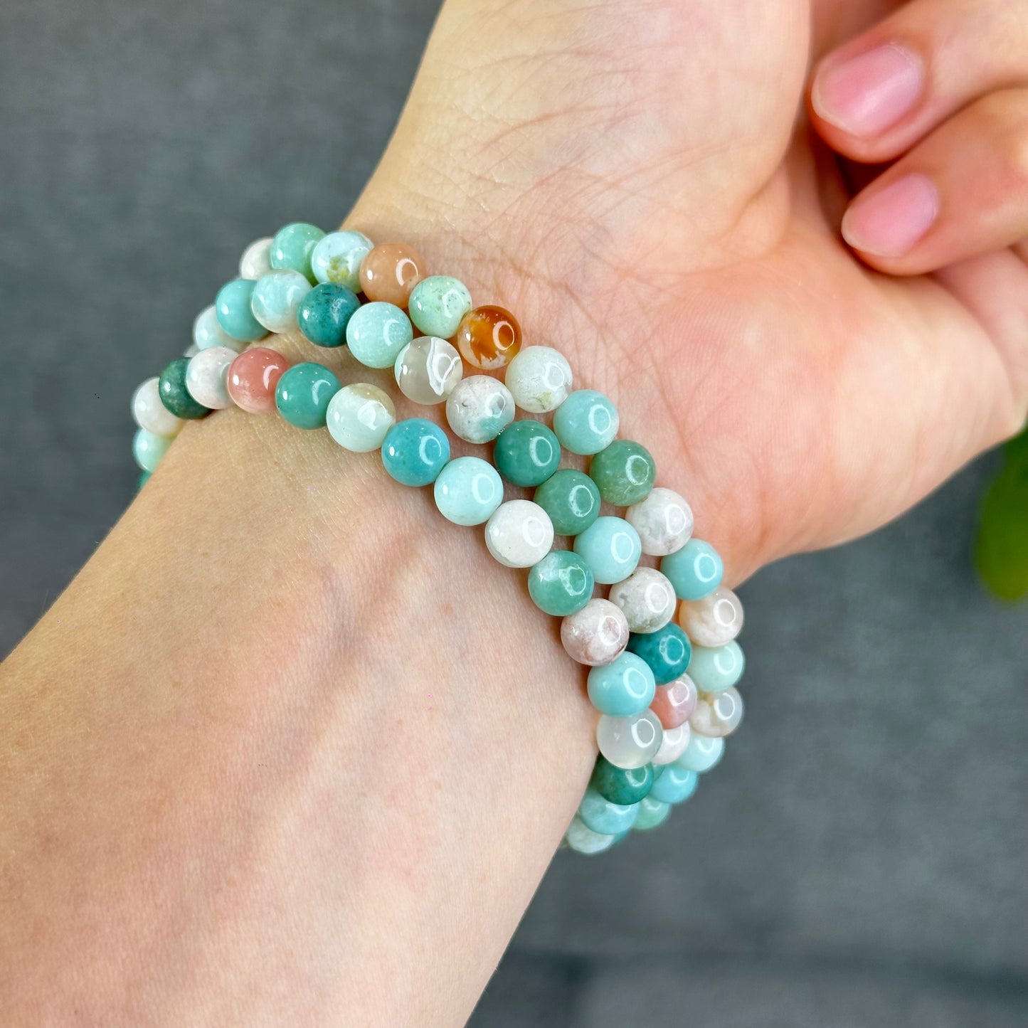 Natural Green Floral Agate Triple Wrap Bracelet Size 6.7 mm