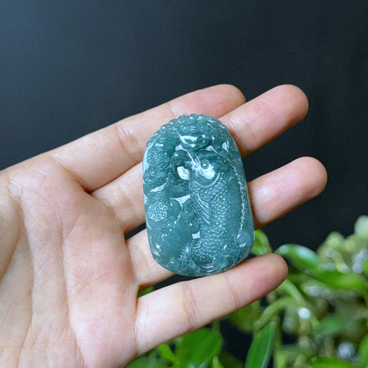 Pisces Fish Water Green Jadeite Jade Pendant - Natural Stone