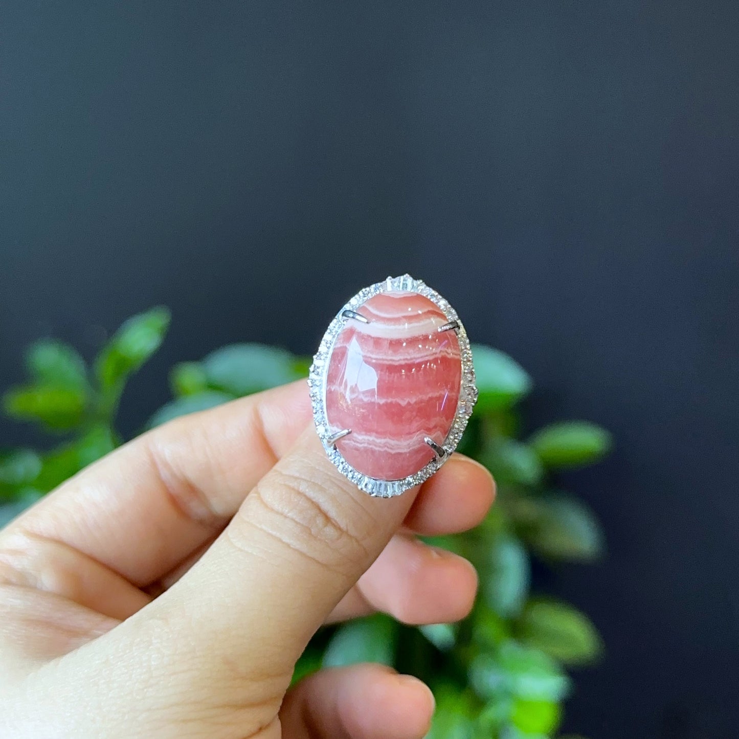 Oval Natural Rhodochrosite Ring in Silver with White Stone Setting Size 1.8