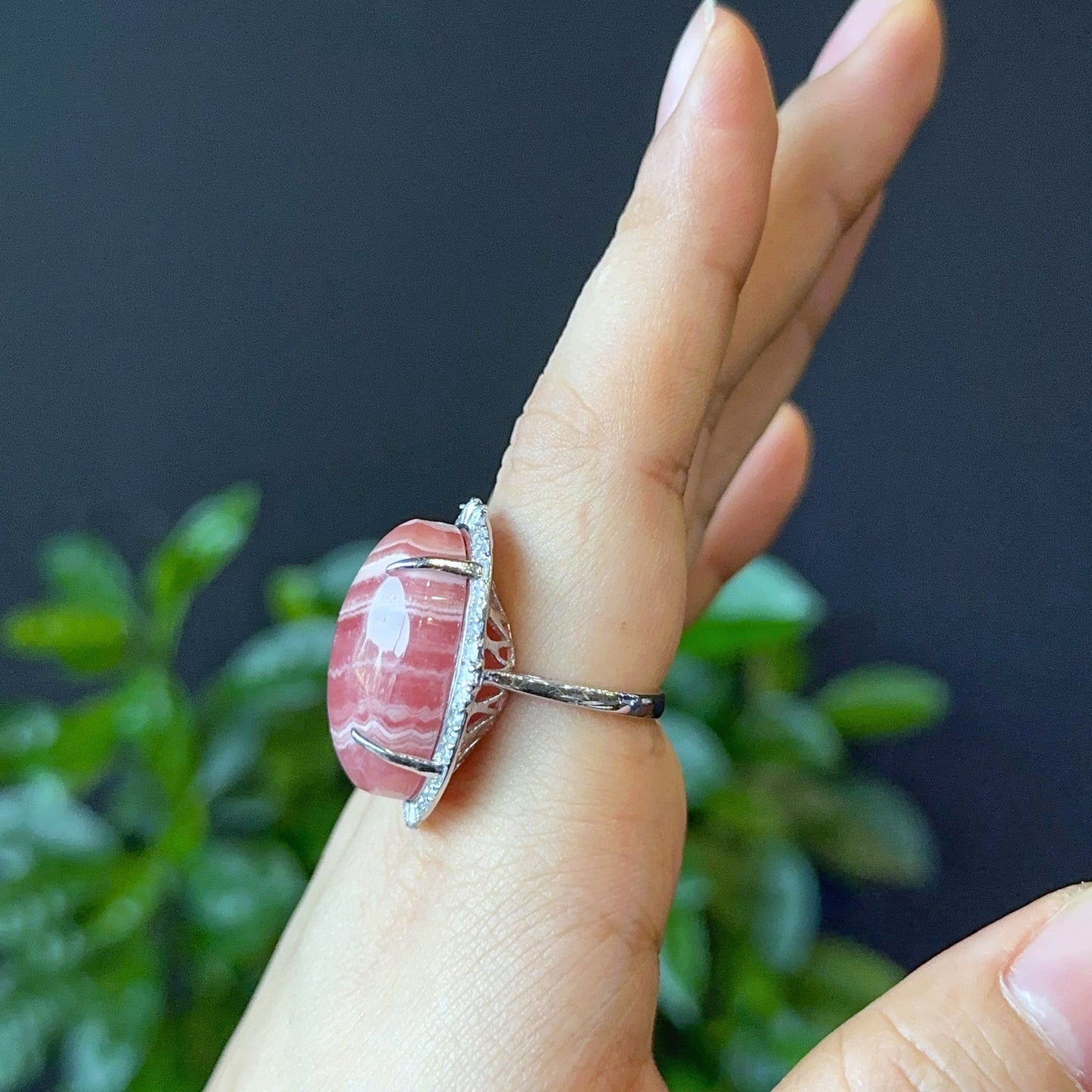 Oval Natural Rhodochrosite Ring in Silver with White Stone Setting Size 1.8