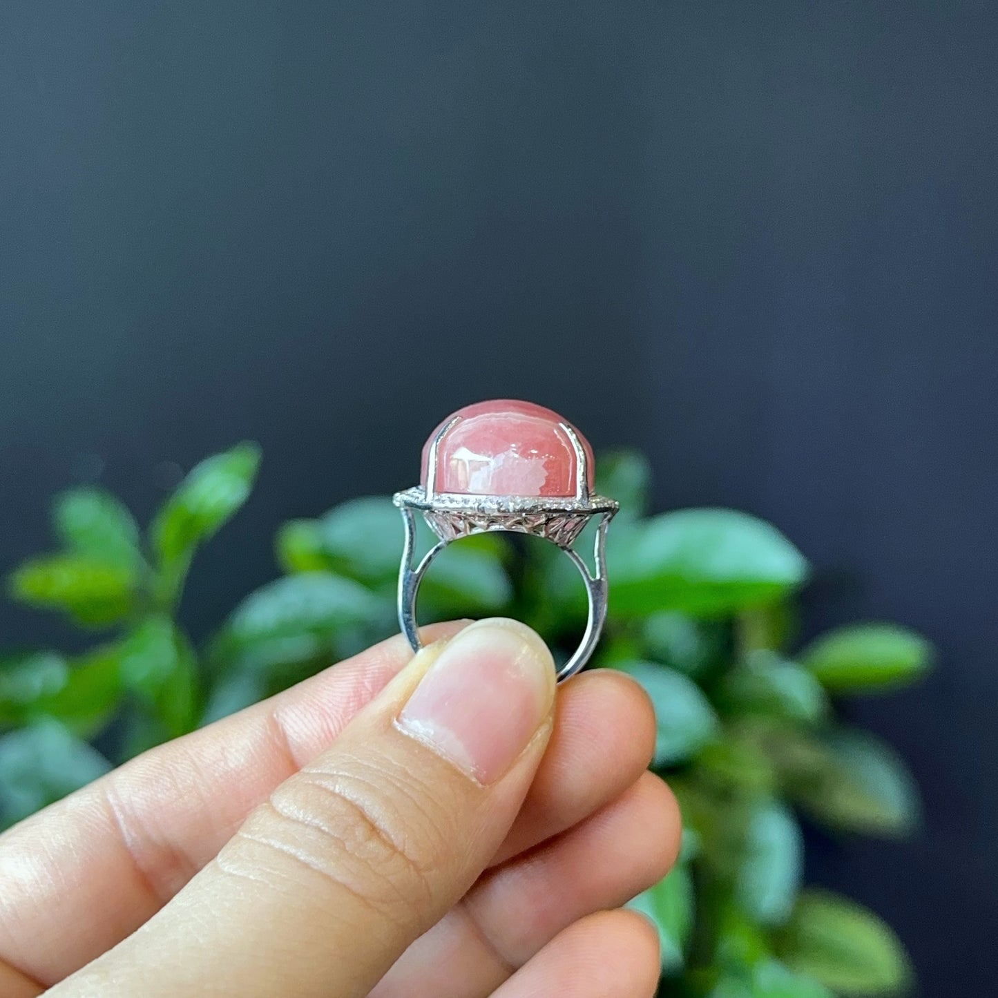 Oval Natural Rhodochrosite Ring in Silver with White Stone Setting Size 1.8