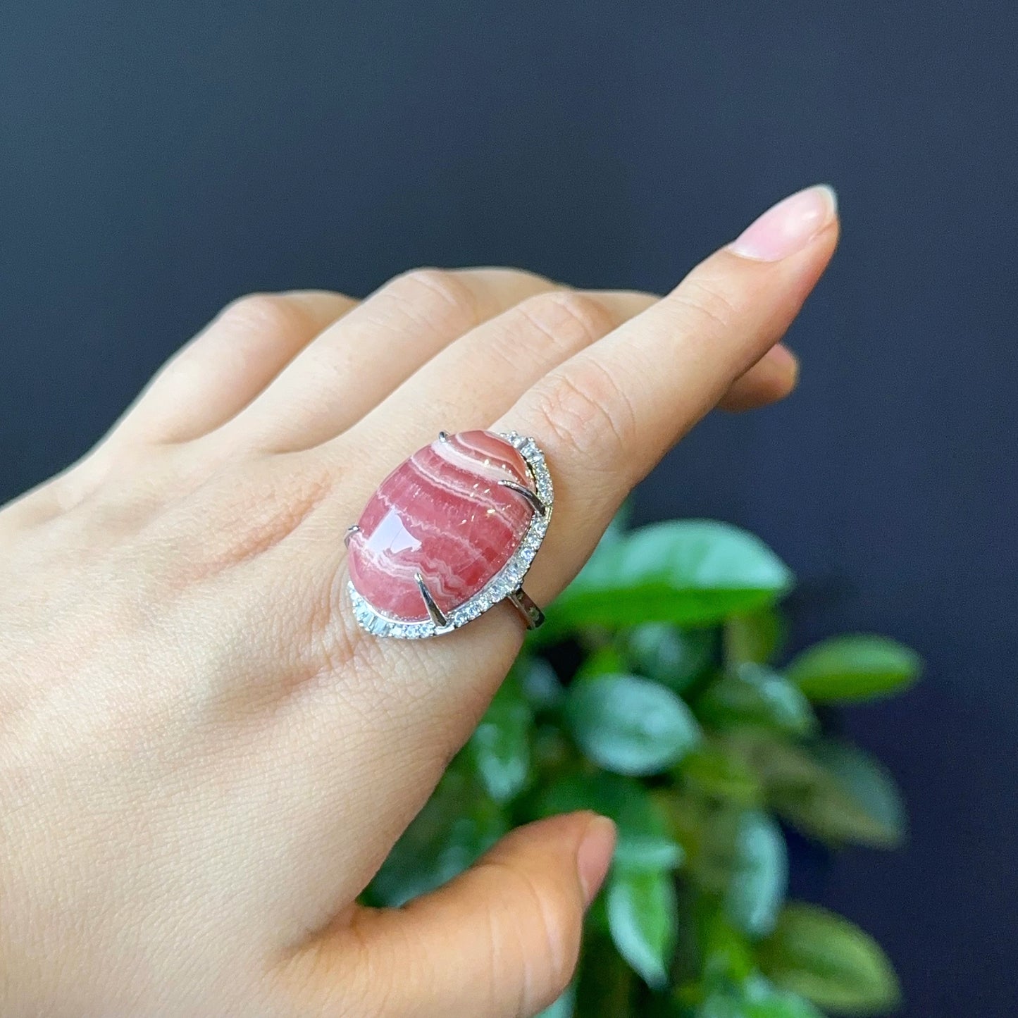 Oval Natural Rhodochrosite Ring in Silver with White Stone Setting Size 1.8