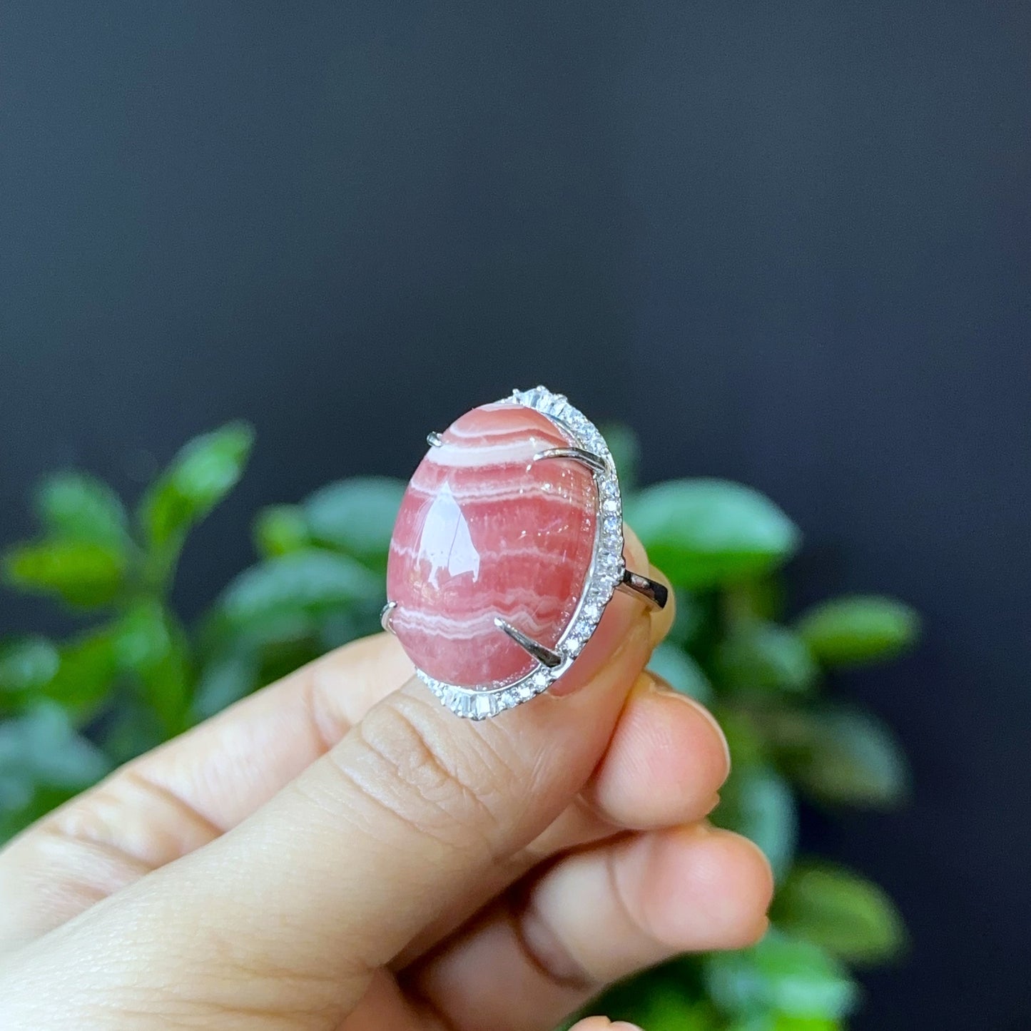 Oval Natural Rhodochrosite Ring in Silver with White Stone Setting Size 1.8