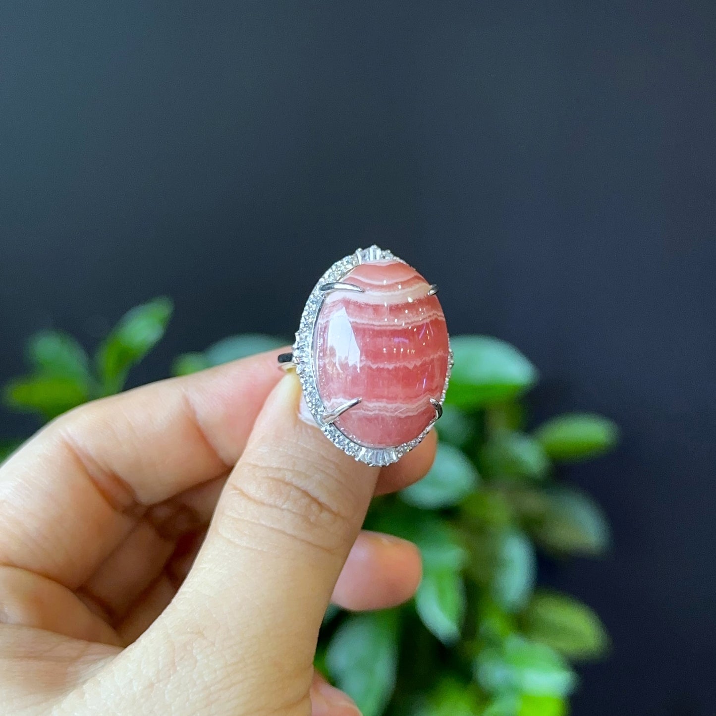 Oval Natural Rhodochrosite Ring in Silver with White Stone Setting Size 1.8