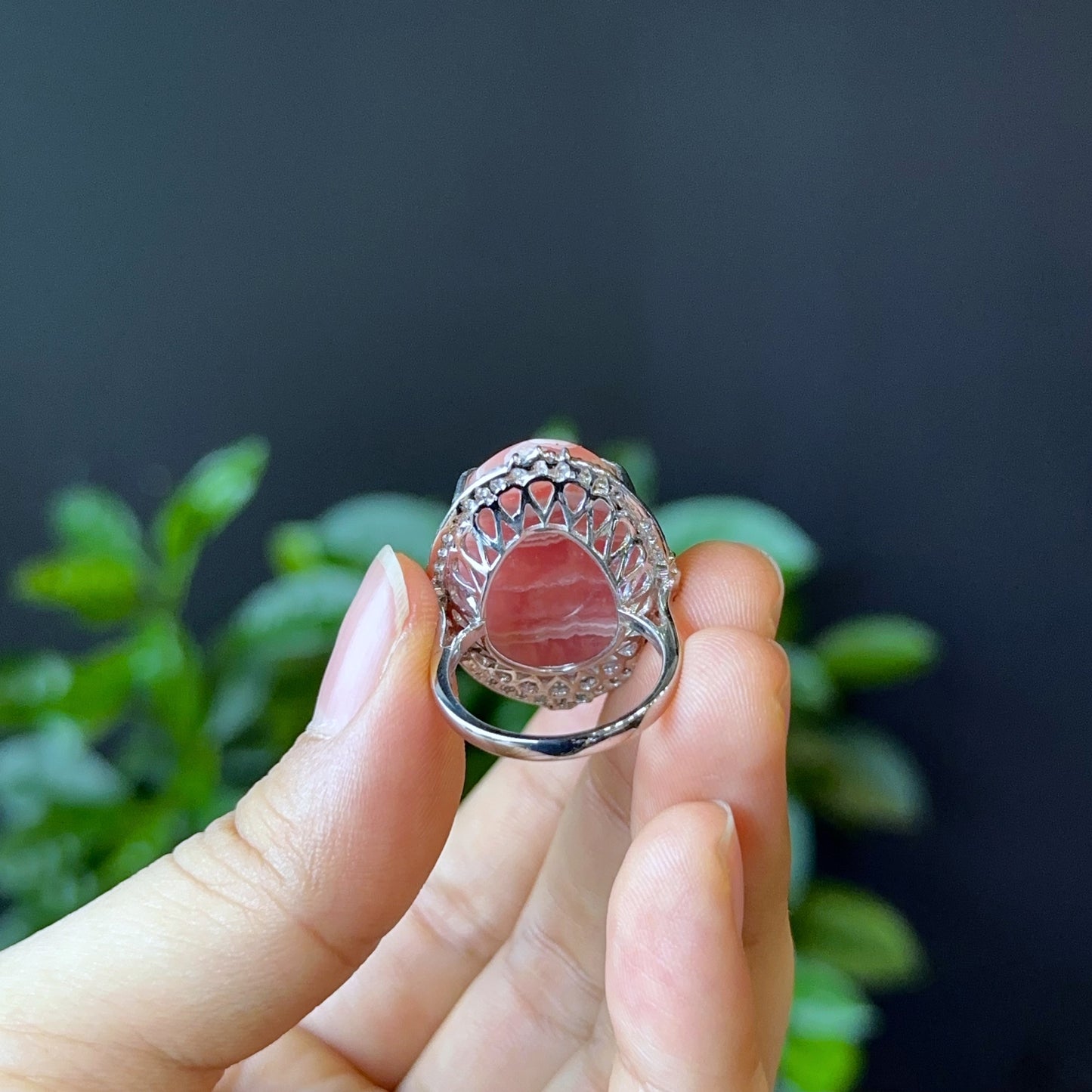 Oval Natural Rhodochrosite Ring in Silver with White Stone Setting Size 1.8
