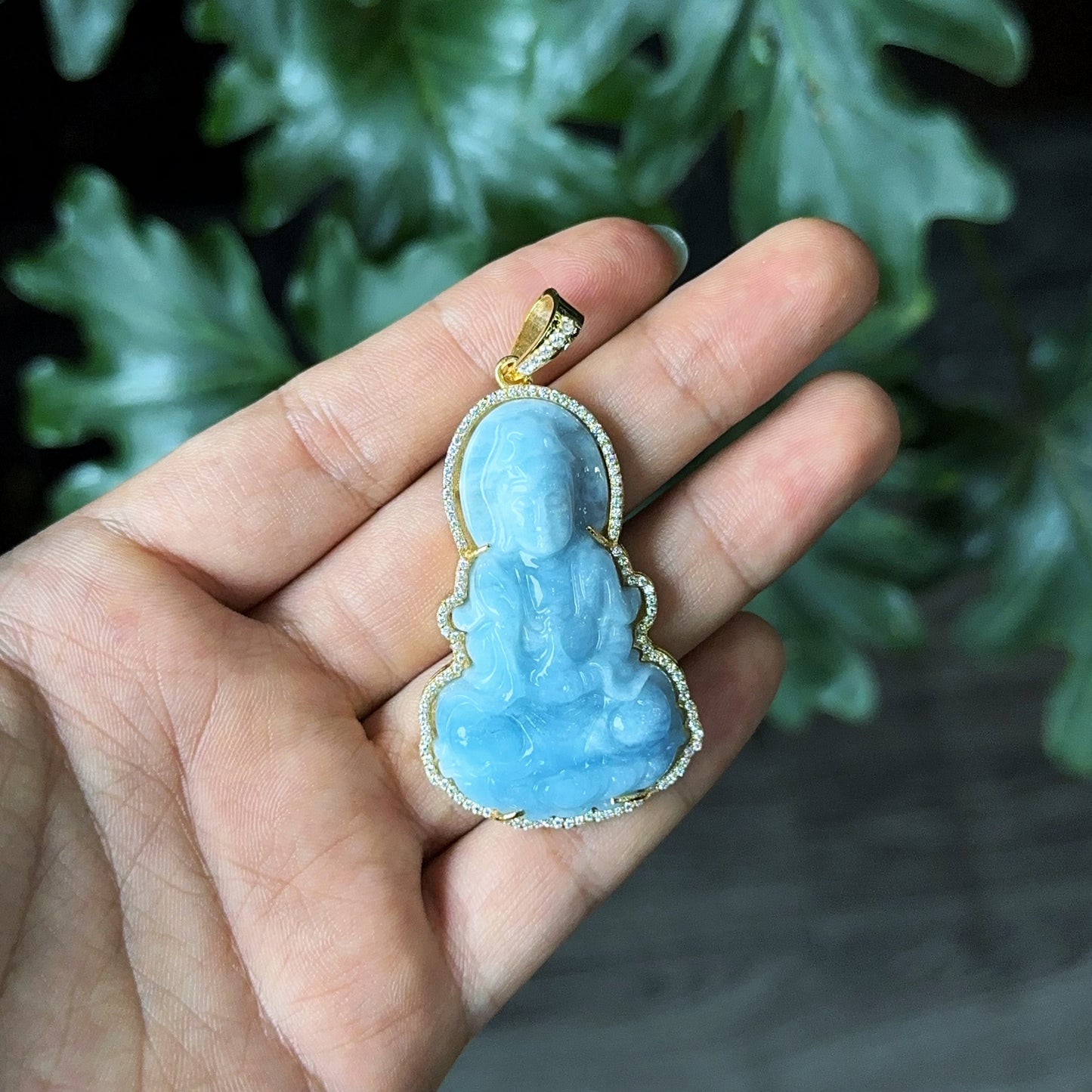 Guan Yin (Quan The Am) Buddha Natural Aquamarine Pendant in 10 k Yellow Gold with Stone Setting
