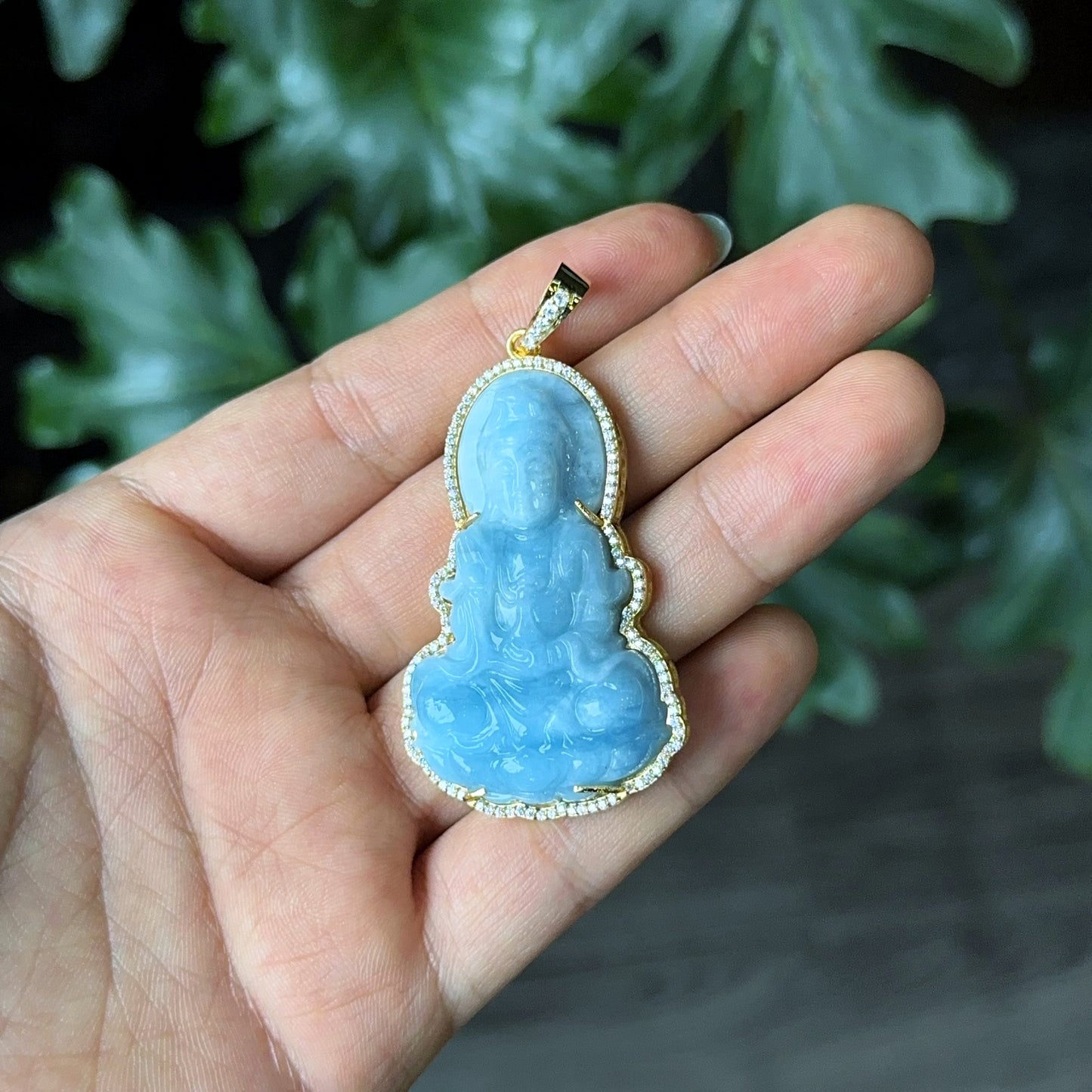 Guan Yin (Quan The Am) Buddha Natural Aquamarine Pendant in 10 k Yellow Gold with Stone Setting