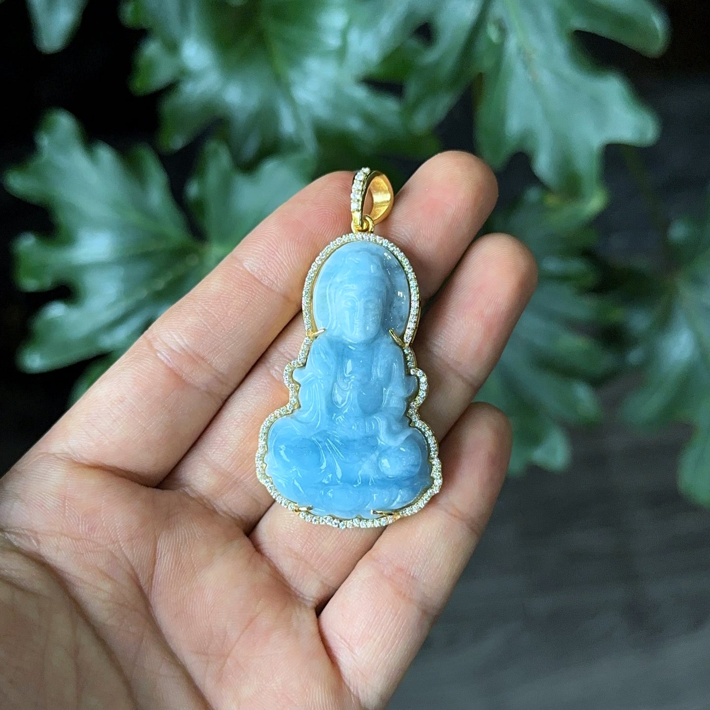 Guan Yin (Quan The Am) Buddha Natural Aquamarine Pendant in 10 k Yellow Gold with Stone Setting