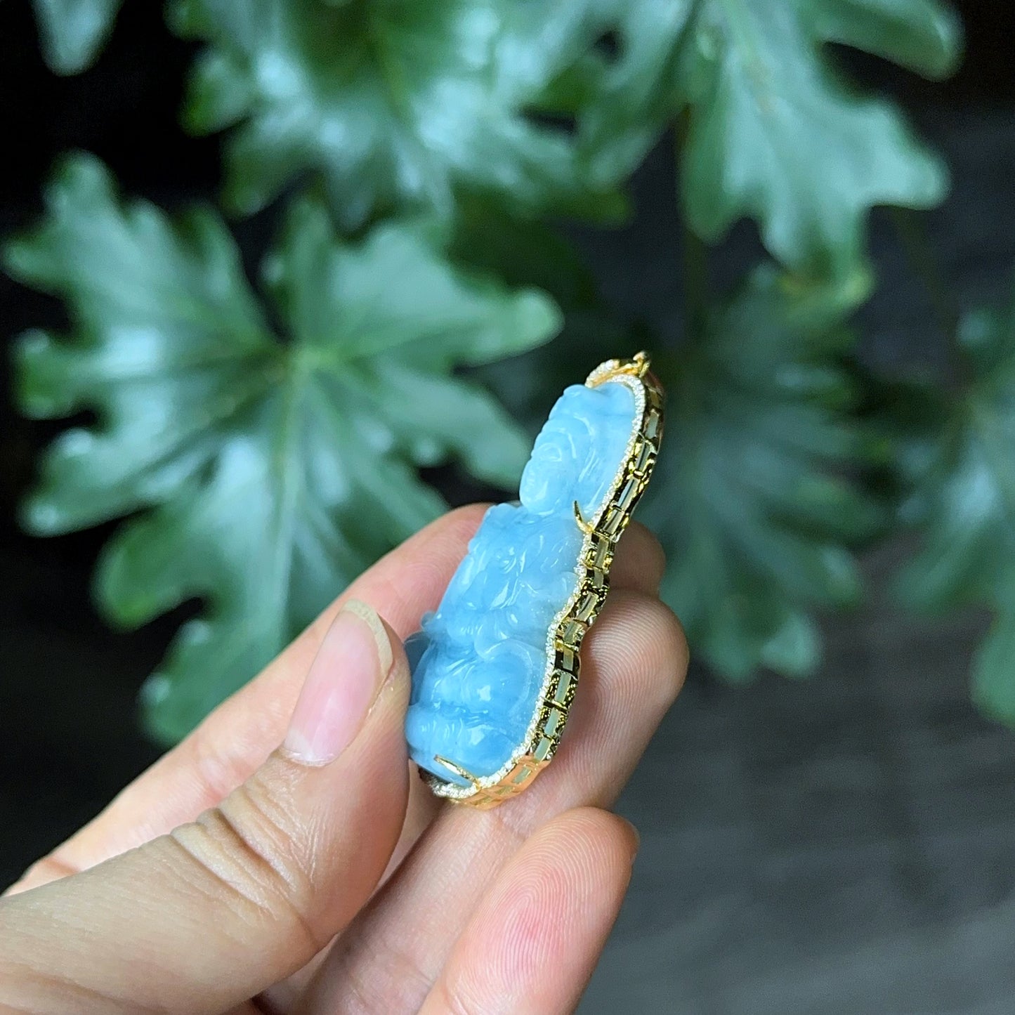 Guan Yin (Quan The Am) Buddha Natural Aquamarine Pendant in 10 k Yellow Gold with Stone Setting