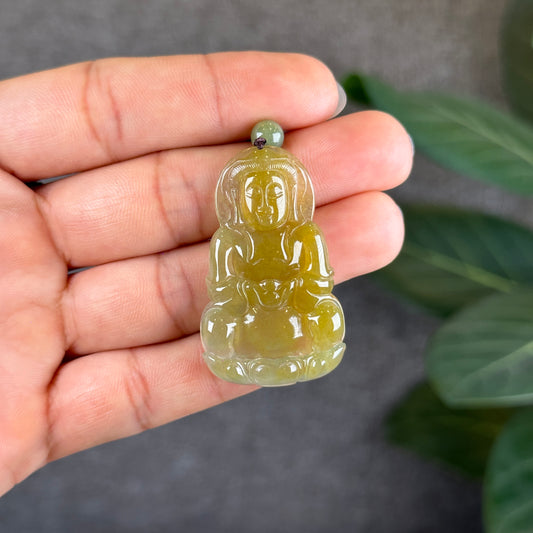 Quan The Am Buddha Translucent Golden Jadeite Jade Pendant on Black String Necklace with Gem Review Certificate - Natural Stone
