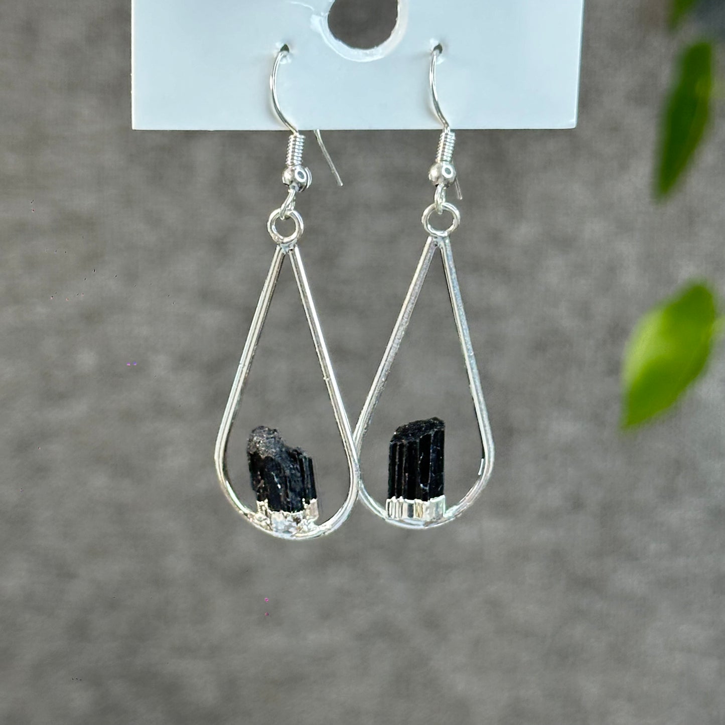 Natural Black Tourmaline Tear Drop Dangling Earrings in Silver Platting