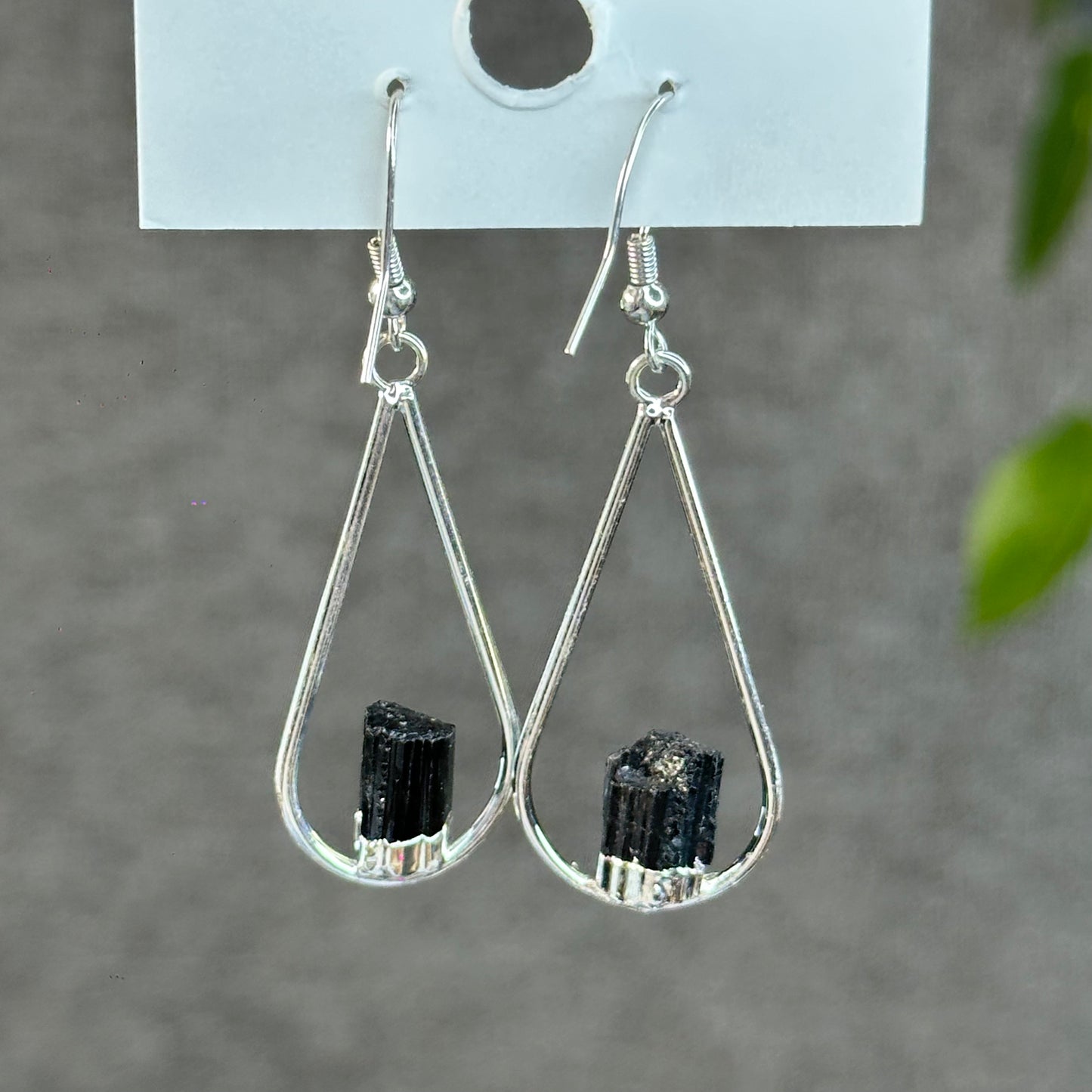 Natural Black Tourmaline Tear Drop Dangling Earrings in Silver Platting
