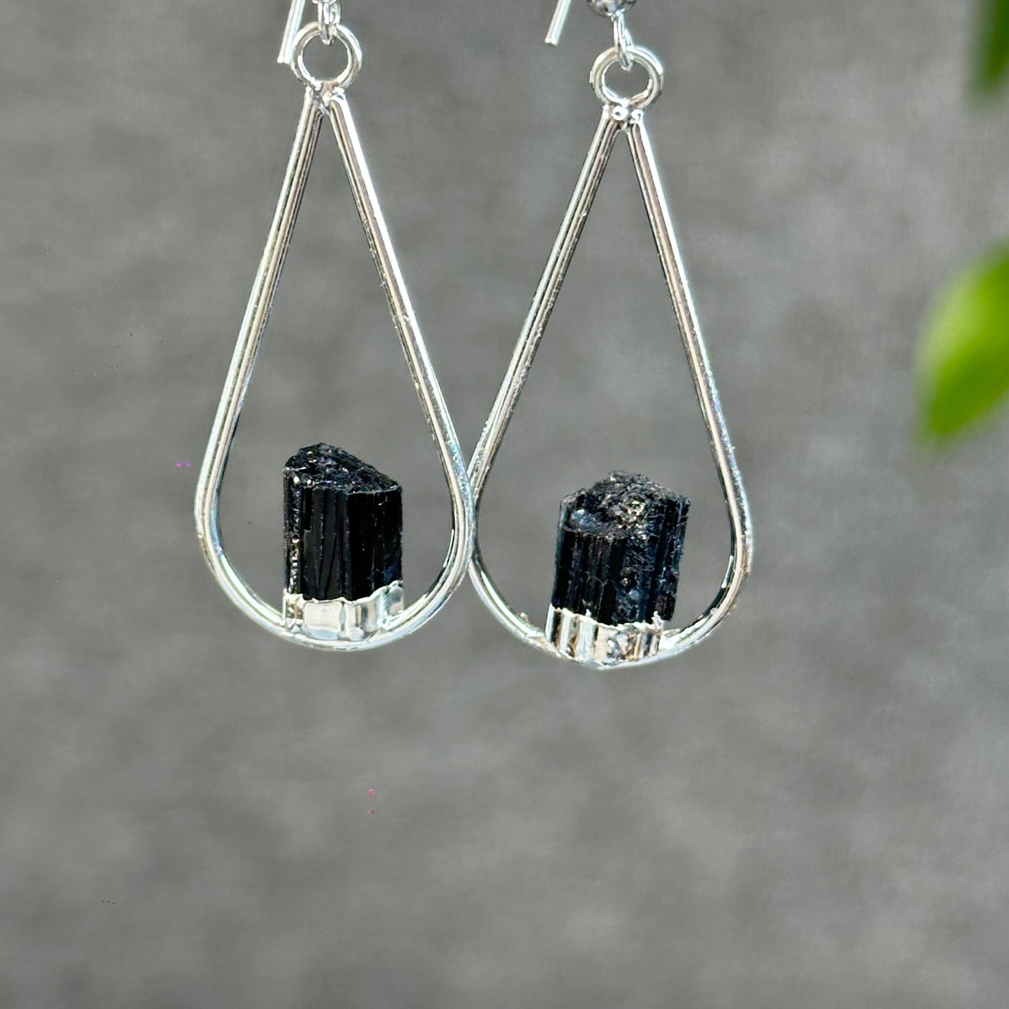 Natural Black Tourmaline Tear Drop Dangling Earrings in Silver Platting