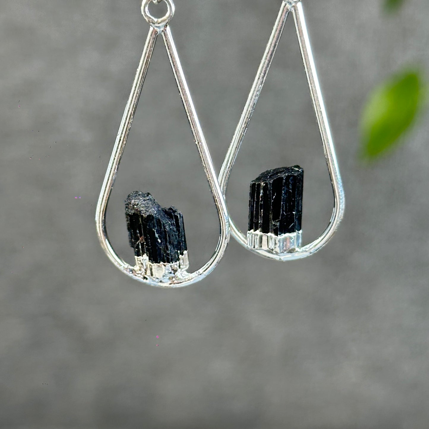 Natural Black Tourmaline Tear Drop Dangling Earrings in Silver Platting