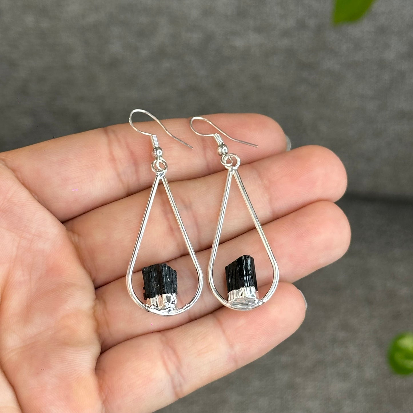 Natural Black Tourmaline Tear Drop Dangling Earrings in Silver Platting