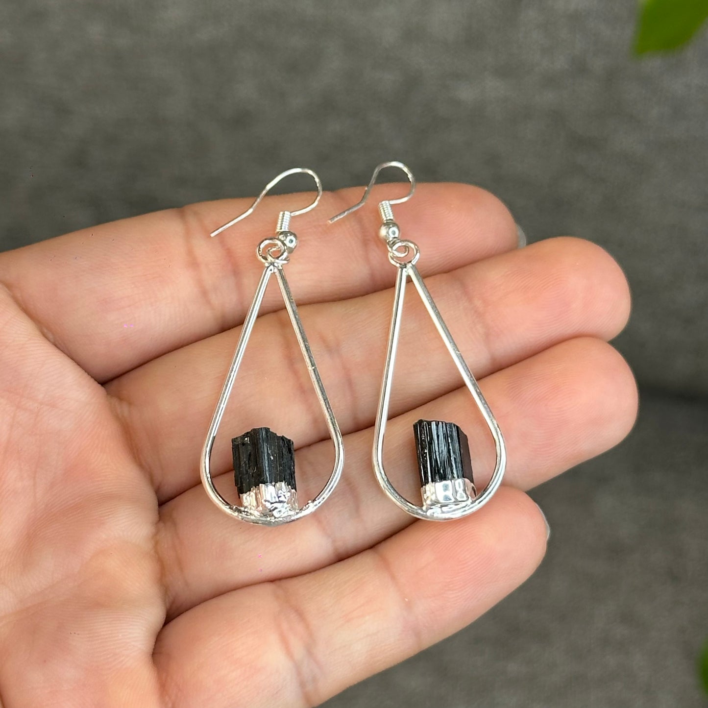 Natural Black Tourmaline Tear Drop Dangling Earrings in Silver Platting