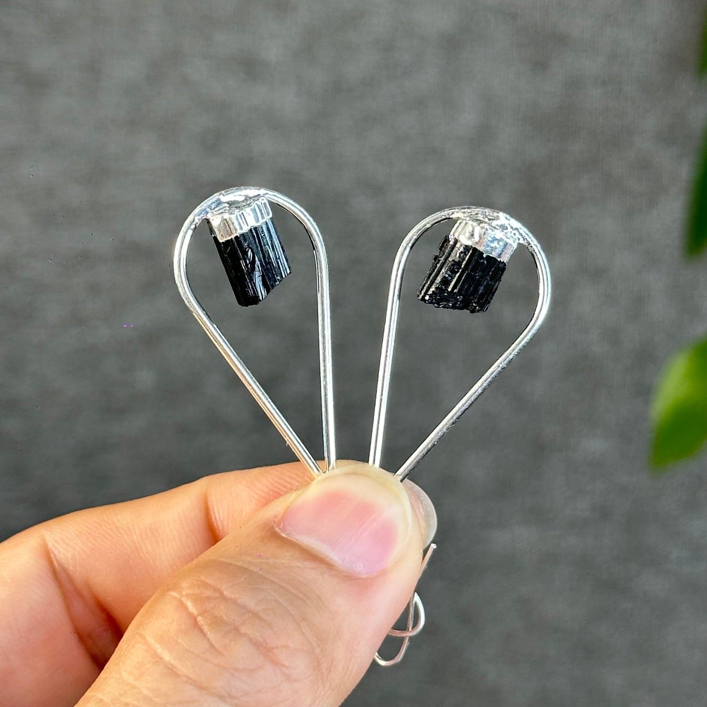 Natural Black Tourmaline Tear Drop Dangling Earrings in Silver Platting