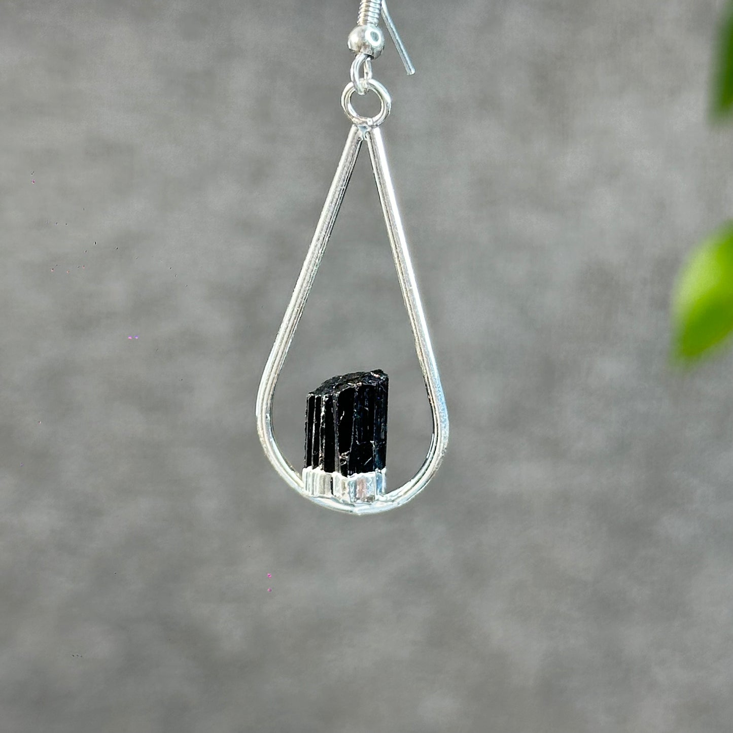Natural Black Tourmaline Tear Drop Dangling Earrings in Silver Platting