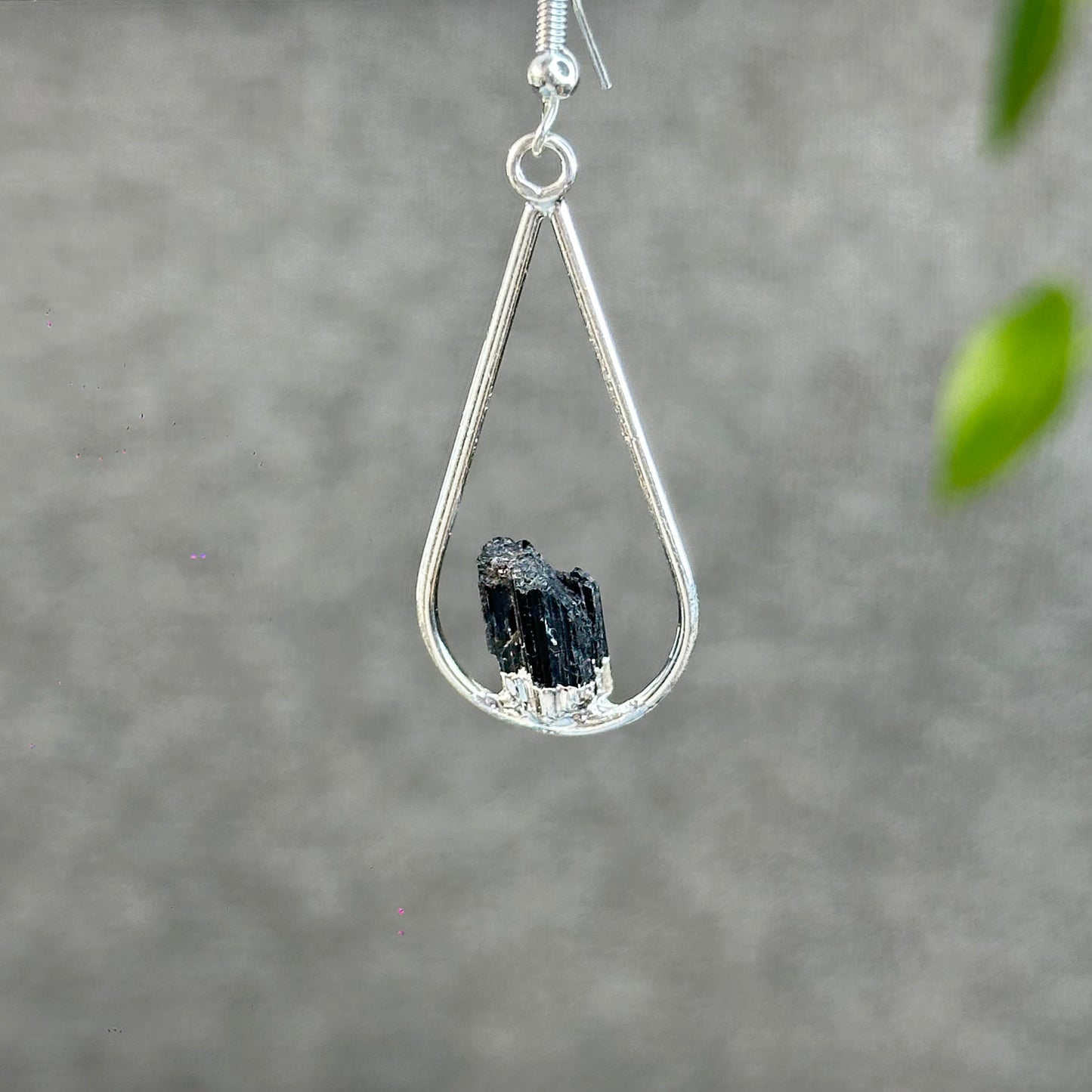 Natural Black Tourmaline Tear Drop Dangling Earrings in Silver Platting