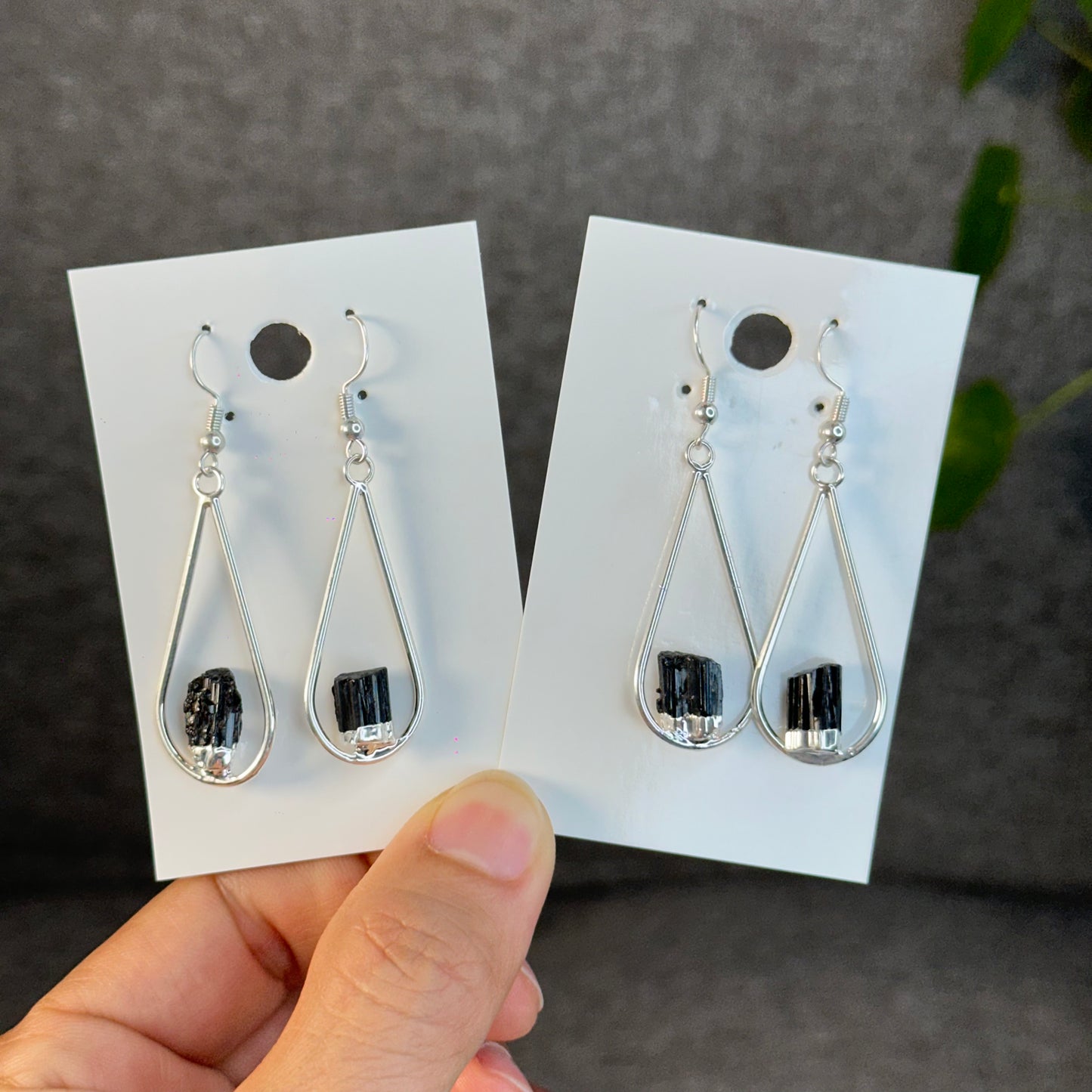 Natural Black Tourmaline Tear Drop Dangling Earrings in Silver Platting