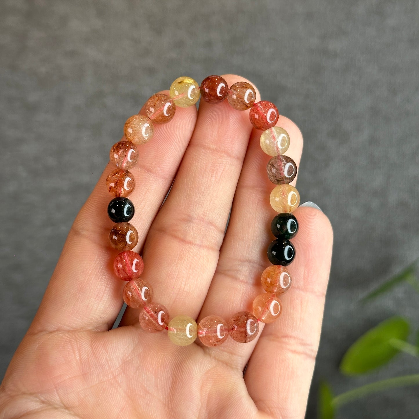 Dark Tri Colour Natural Rutilated Quartz Bracelet Size 7.5 mm