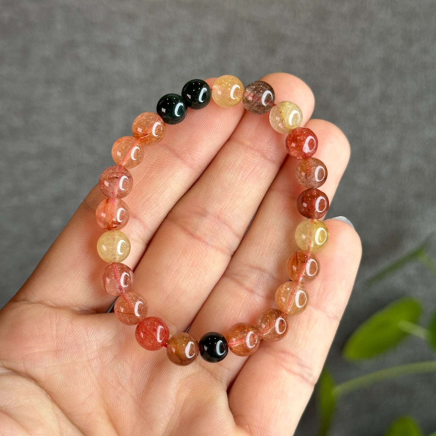 Dark Tri Colour Natural Rutilated Quartz Bracelet Size 7.5 mm