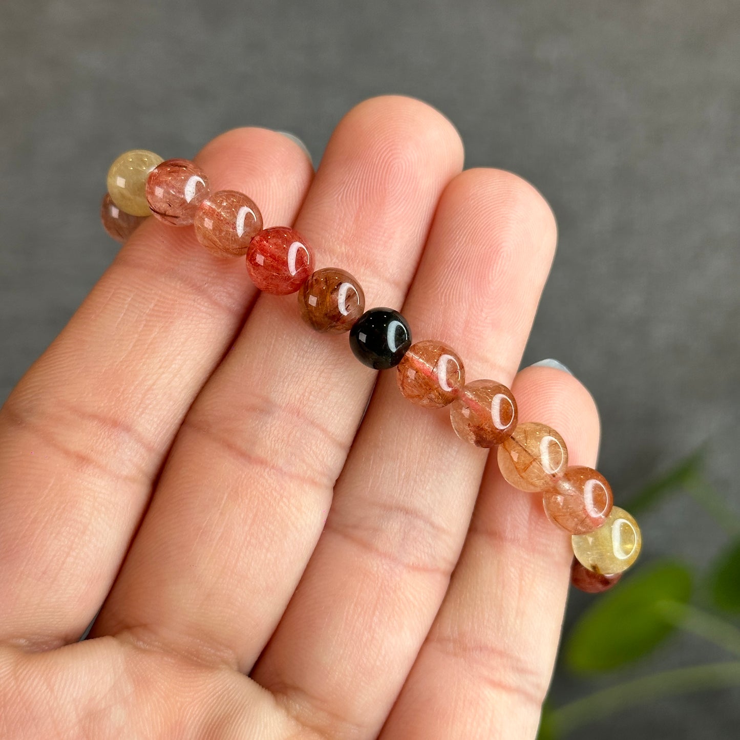 Dark Tri Colour Natural Rutilated Quartz Bracelet Size 7.5 mm